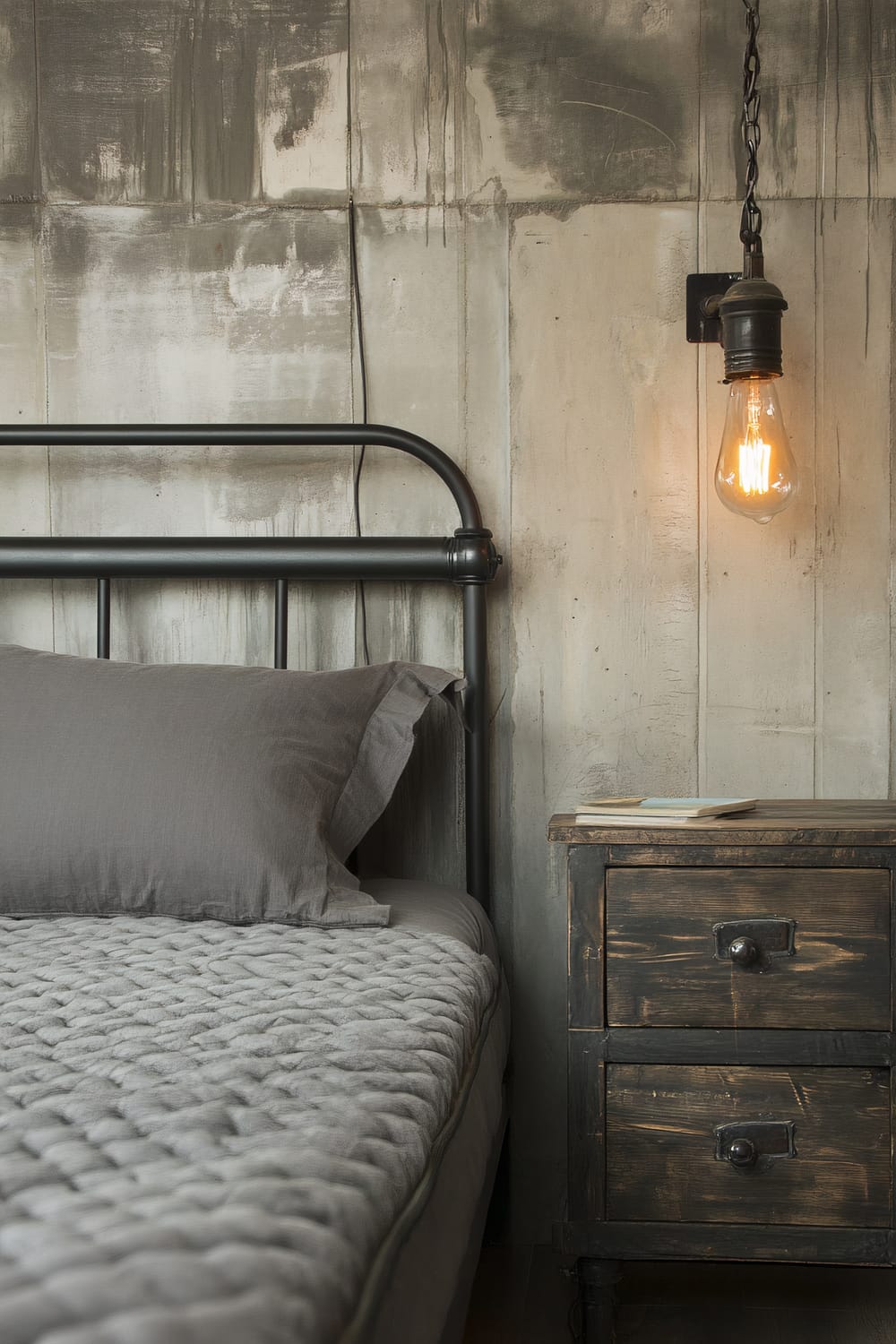 An industrial-style bedroom featuring a metal frame bed with a grey mattress and pillow, illuminated by an exposed bulb pendant light. A reclaimed wood nightstand with a single lamp and a notebook is positioned beside the bed. The room has concrete-textured walls that highlight the industrial aesthetic.