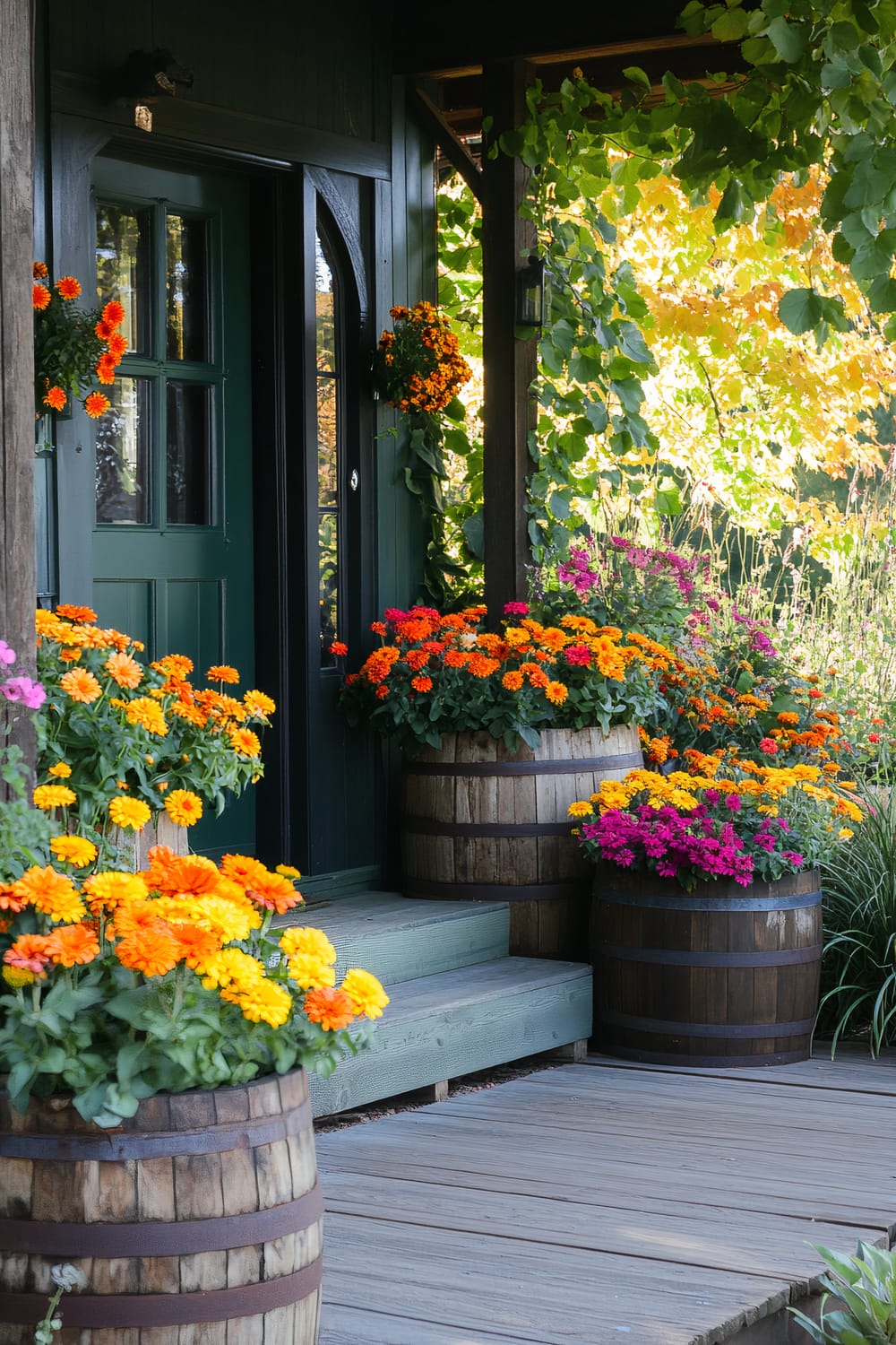 Wooden barrels filled with vivid orange, yellow, and pink flowers are placed on a wooden porch outside a green door. There is greenery around the doorway and in the background.