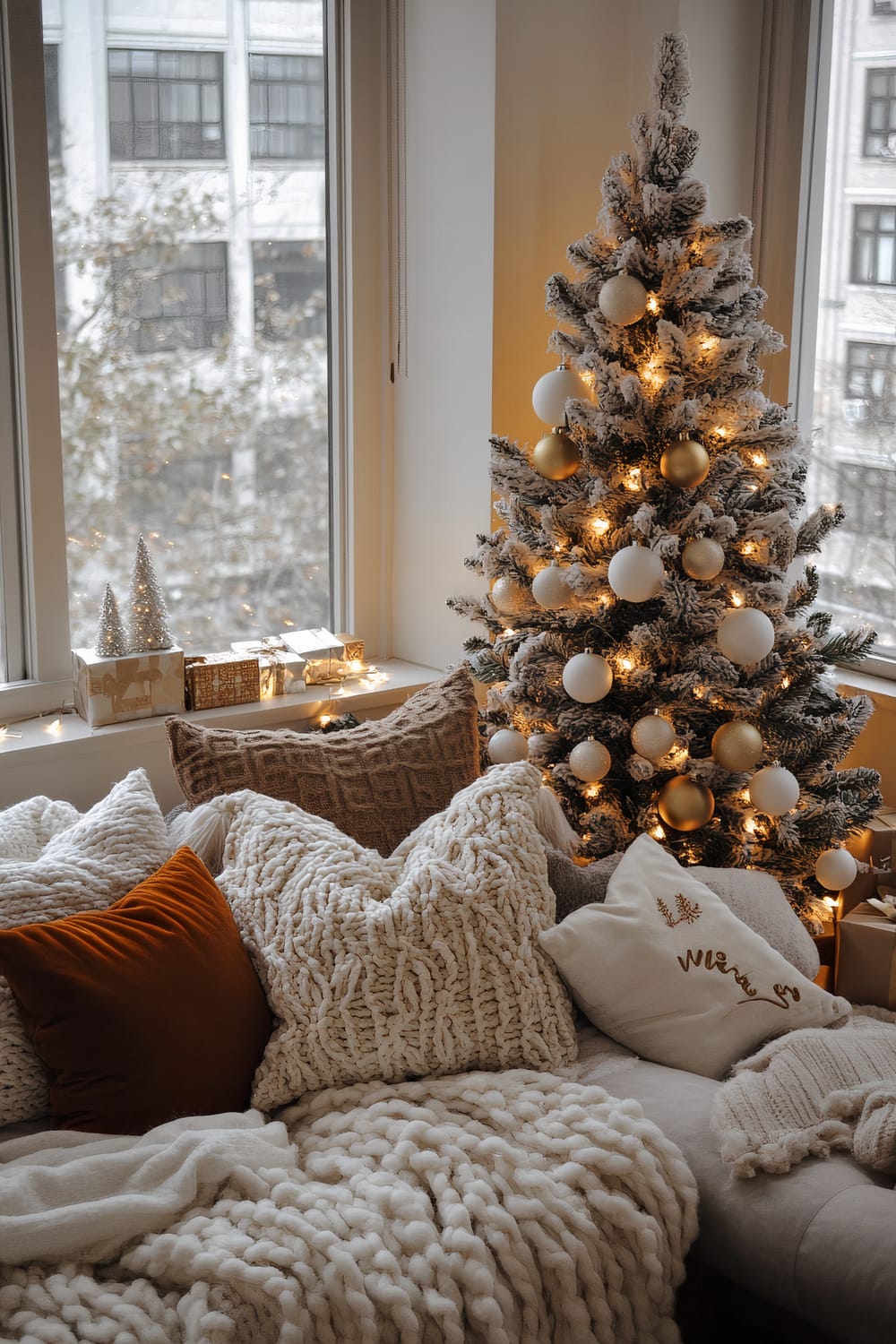 A cozy corner inside an apartment featuring a festive Christmas setup. A well-decorated, flocked Christmas tree with golden and white ornaments is illuminated softly. The tree is surrounded by wrapped gifts and miniature decorative trees on the window sill. Next to the tree is a plush seating area filled with chunky knit blankets and a variety of cushions in earthy tones of white, beige, and burnt orange, creating a warm, inviting atmosphere. Outside, a cityscape with tall buildings and a snowy ambiance is visible through large windows.