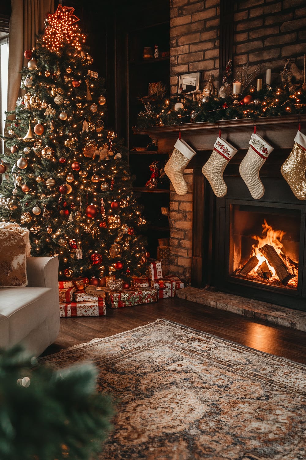 A warmly lit living room with a Christmas tree adorned with golden and red ornaments, topped with a star. The tree stands next to a stone fireplace with four stockings hanging above it. The mantel is decorated with garlands, candles, and festive figures. A pile of wrapped gifts is placed under the tree. A gray upholstered couch and an intricate, patterned rug contribute to the room's coziness.