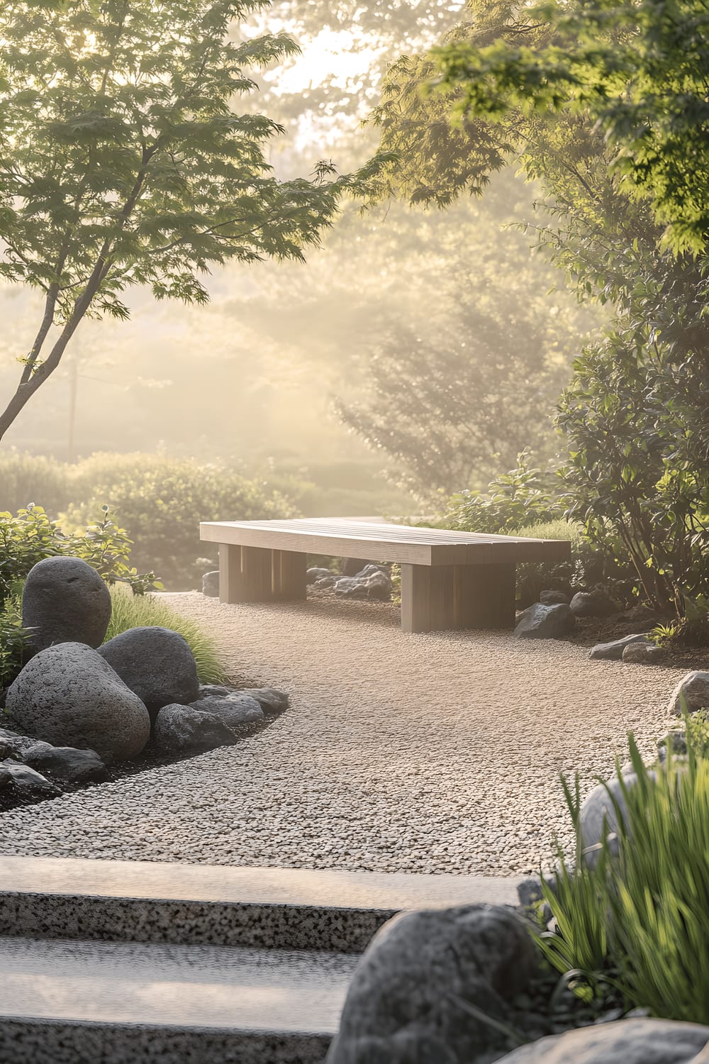 A serene backyard with a smooth gravel pathway leading to a single wooden bench, set amidst minimalist stone sculptures and sparse greenery, enhanced by early morning mist and soft natural lighting.