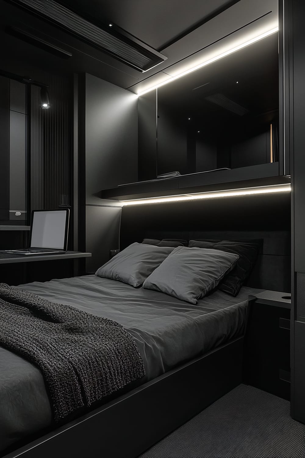 A monochromatic black-themed room featuring a black bed with grey bedding and pillows, accented by a textured grey blanket. The sleek design includes black-gray walls and a black desk with a single laptop. White LED lights illuminate the headboard, creating a modern and sophisticated ambiance.