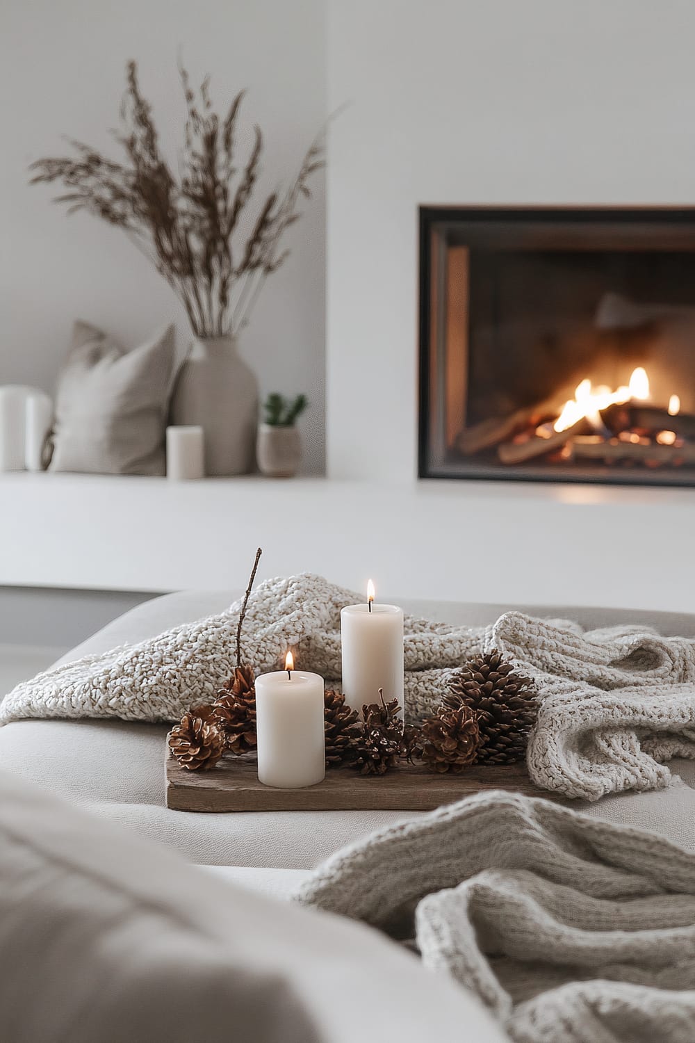 A cozy, minimalist living room featuring a lit fireplace with a black frame. In the foreground, a wooden tray with three white candles and pine cones rests on a soft, knitted, beige throw blanket. In the background, a simple white shelf holds a neutral-colored vase with dried branches, a small potted plant, and a cushion.