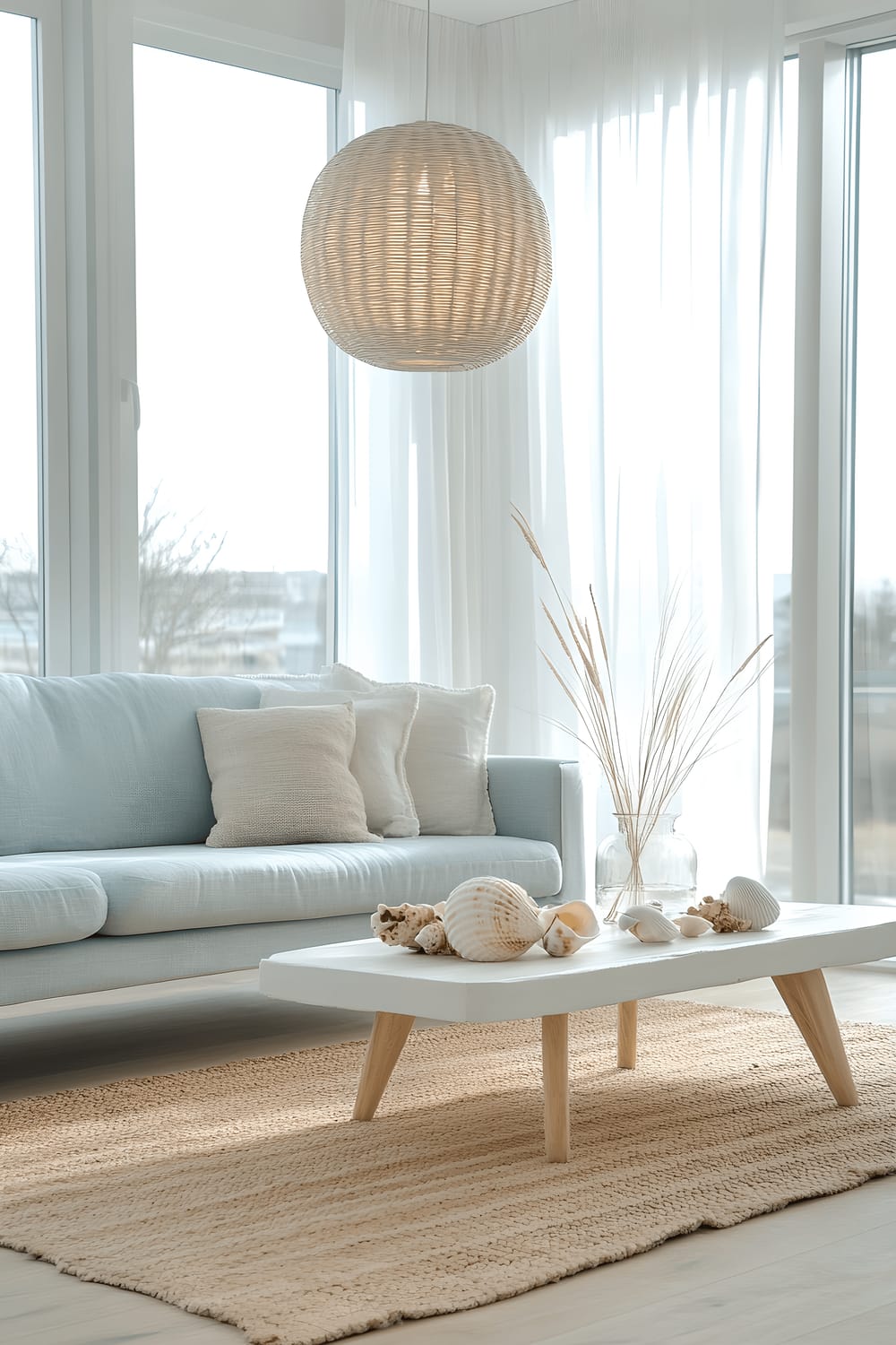 A bright and compact living room with a large window providing ample natural light. The room features a light blue linen sofa with wooden legs positioned on a natural fiber rug, and a minimalist white coffee table adorned with seashells and a glass vase with fresh flowers. The room espouses a coastal lifestyle with soft sandy hues interspersed with blue and white accents, illuminating a fresh seaside ambience.