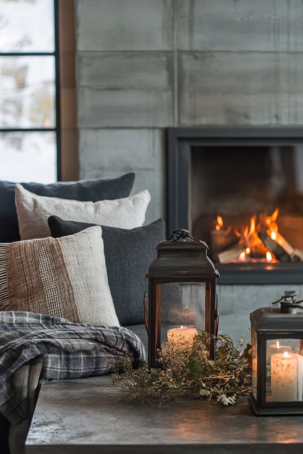 The image depicts a serene and sophisticated living area featuring a modern fireplace with a visible flame, gray concrete walls, and large window panes on the left displaying a snowy outdoor scene. A stack of pillows in various shades of gray, cream, and beige, and a plaid blanket are placed on a dark sofa. In front of the sofa, a metal coffee table holds two vintage lanterns with lit pillar candles and a small arrangement of dried foliage.