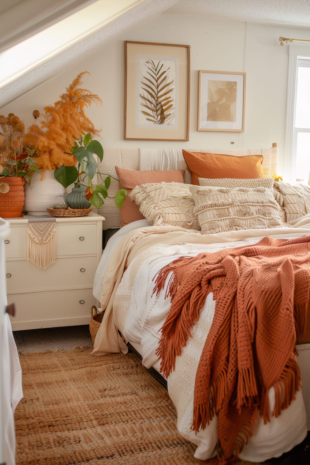 A cozy bedroom with a sloped ceiling featuring a bed adorned with textured pillows in beige, cream, and pumpkin hues, with a terra cotta throw blanket. A white dresser with a macramé hanging, plants in woven and ceramic pots, and framed botanical prints sit in the background.