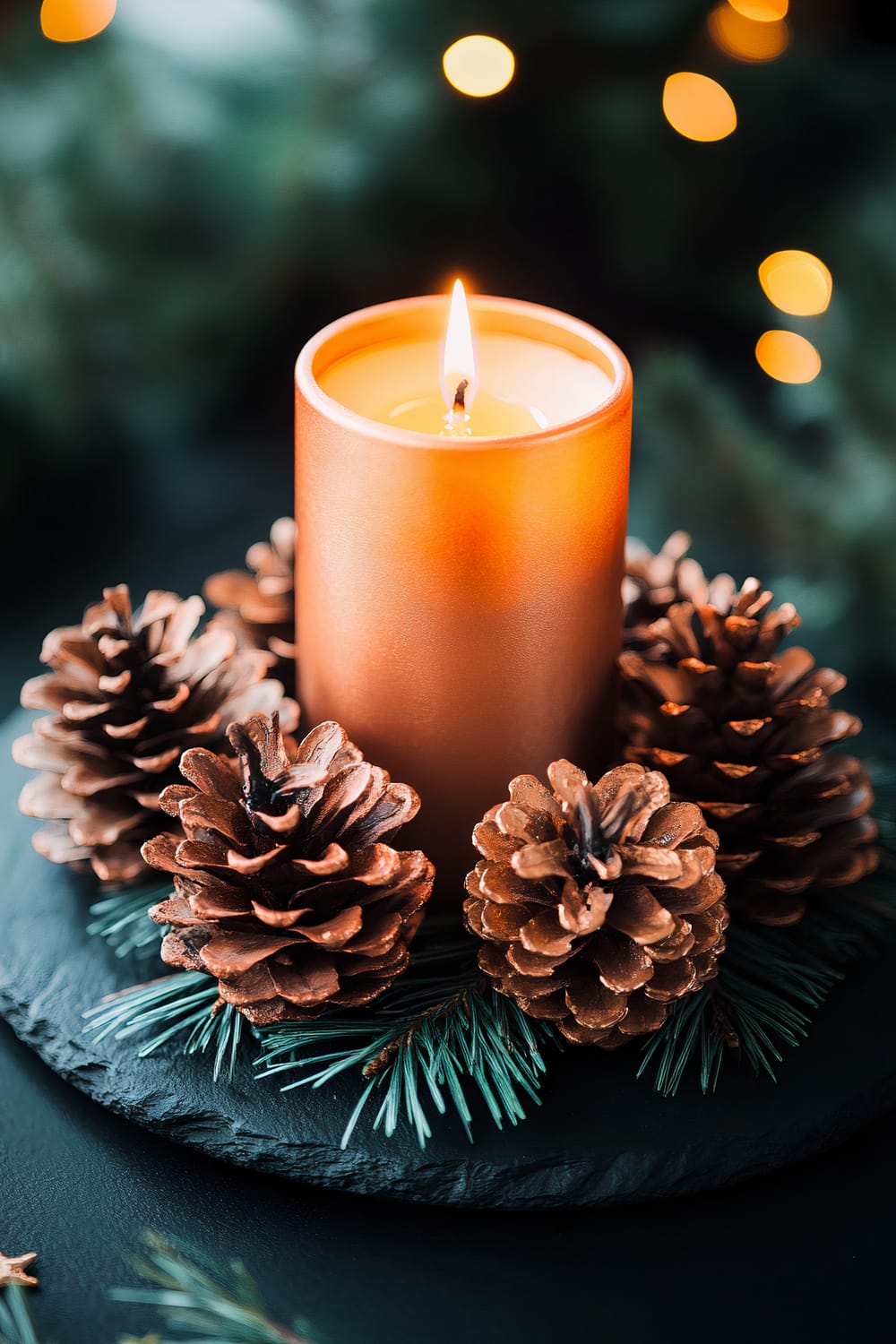 A copper-painted pillar candle surrounded by several copper-painted pinecones arranged on a dark slate plate. The pinecones are interspersed with green pine branches, and the candle is lit, casting a warm glow. The background features blurry lights, adding to the festive ambiance.