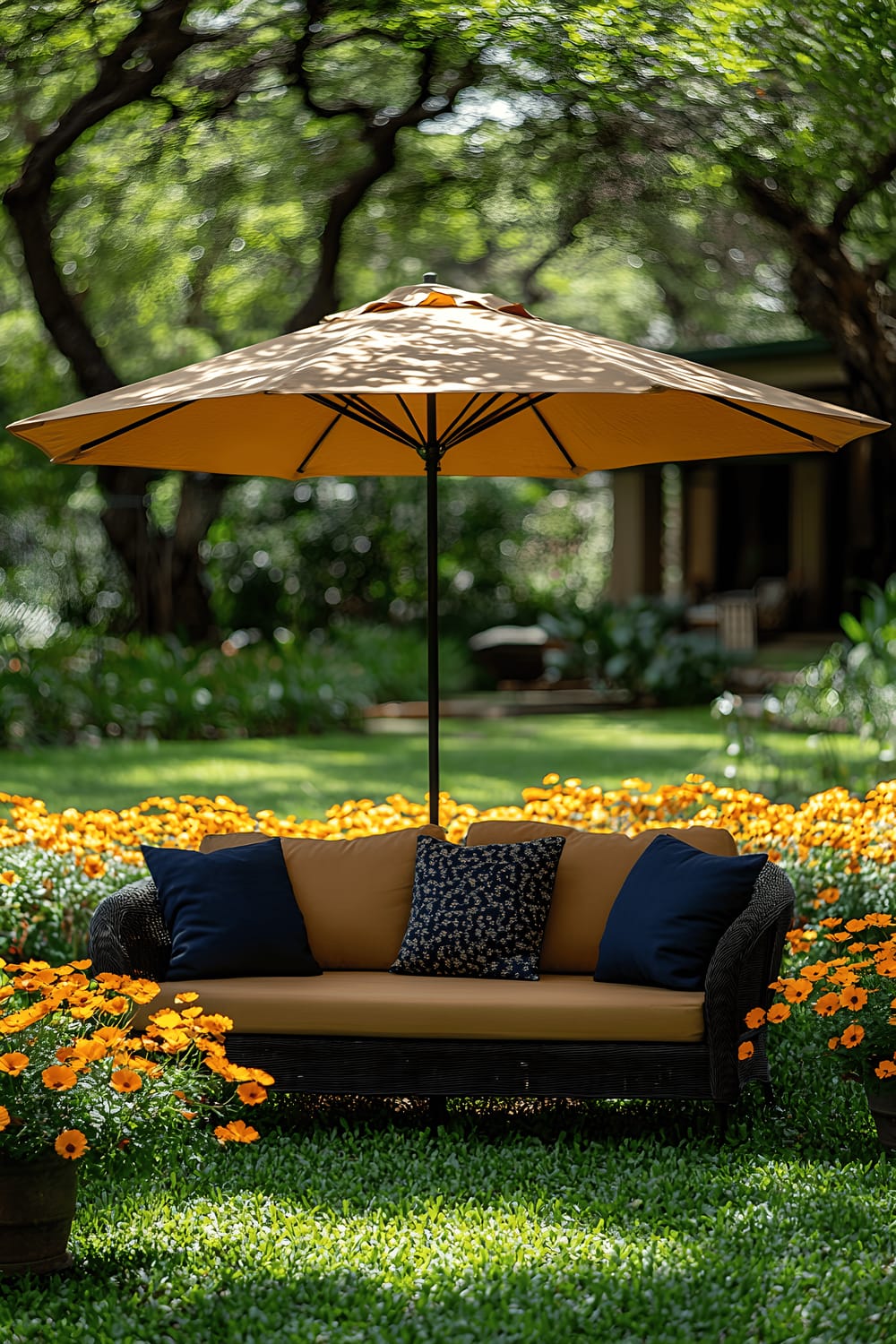 A vibrant backyard setting features a plush, L-shaped outdoor seating area shaded under an umbrella, surrounded by colorful blooms in decorative pots nestled in green grass. The backdrop showcases a modern house with a patio.