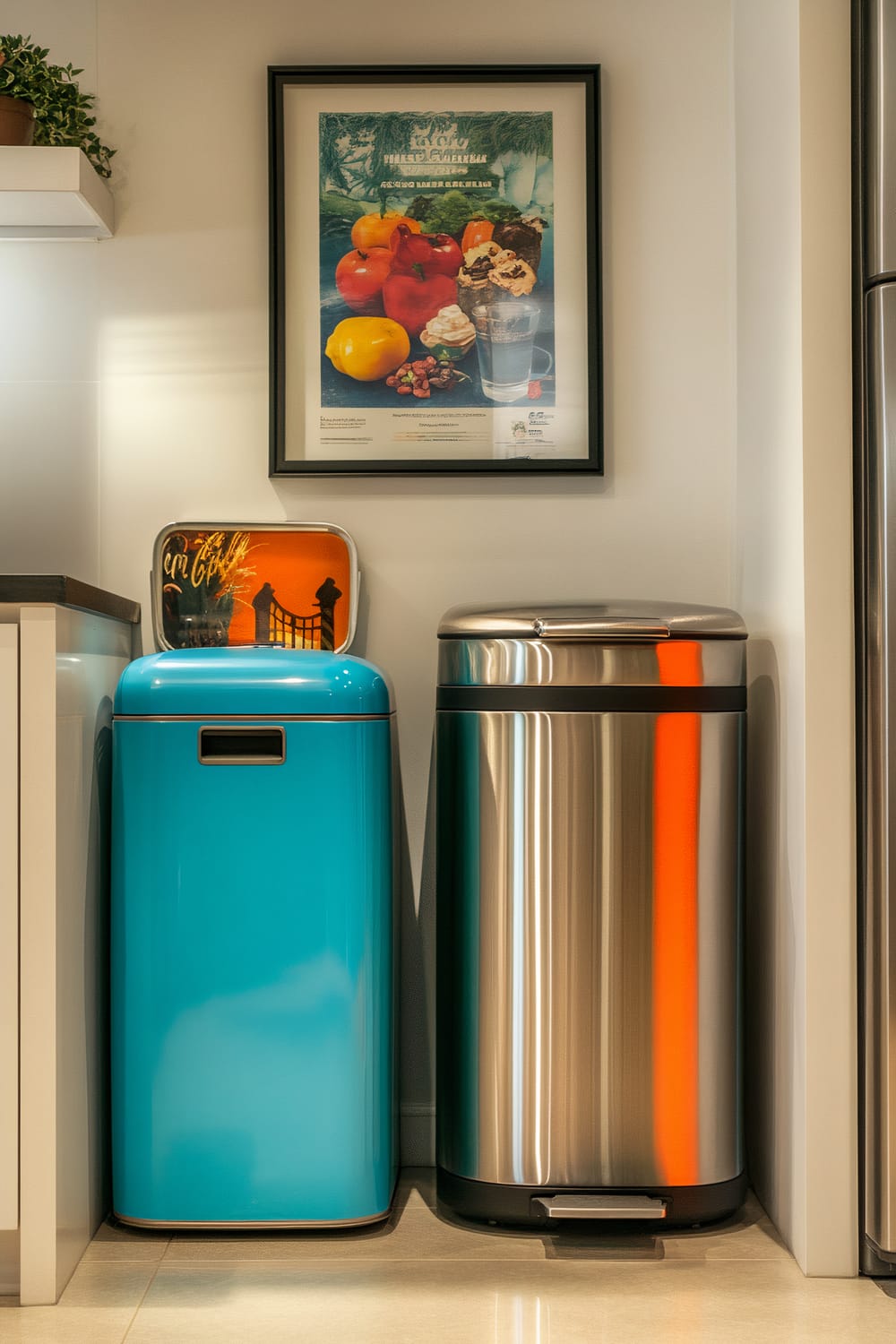 A retro kitchen corner with a blue recycling bin and a stainless steel trash can placed side by side. Above them is a framed vintage poster featuring fruits and a glass of water. The area is well-lit and organized, with a small potted plant on a shelf to the left.