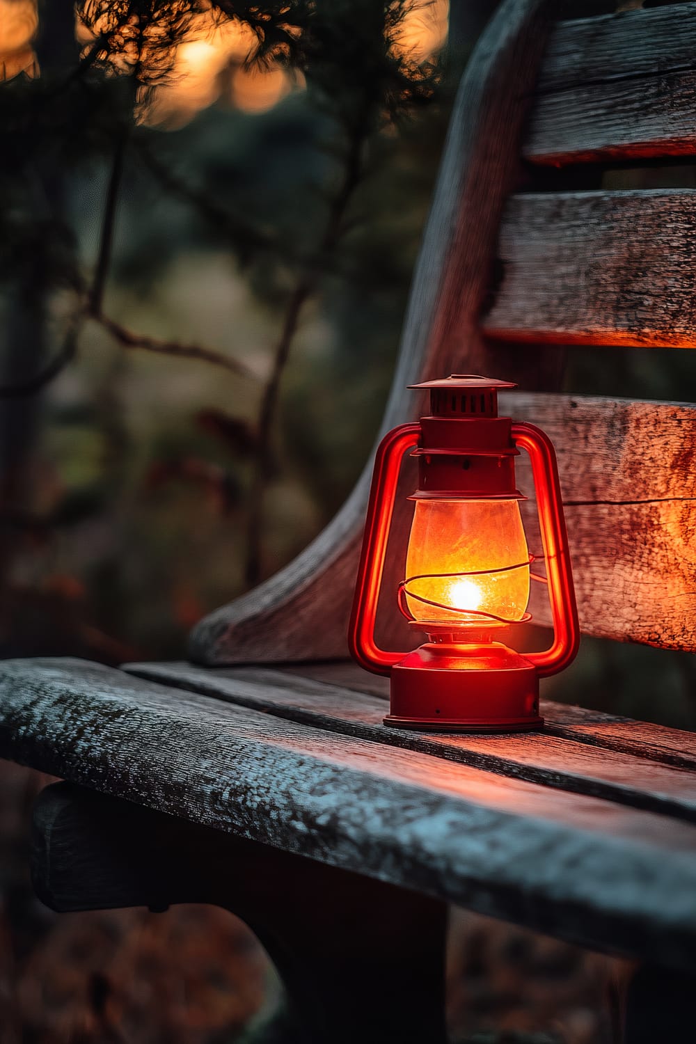 An old-fashioned red lantern with a lit flame inside is resting on a weathered wooden bench. The background features blurred trees and a warm sunset, casting a gentle glow over the scene.