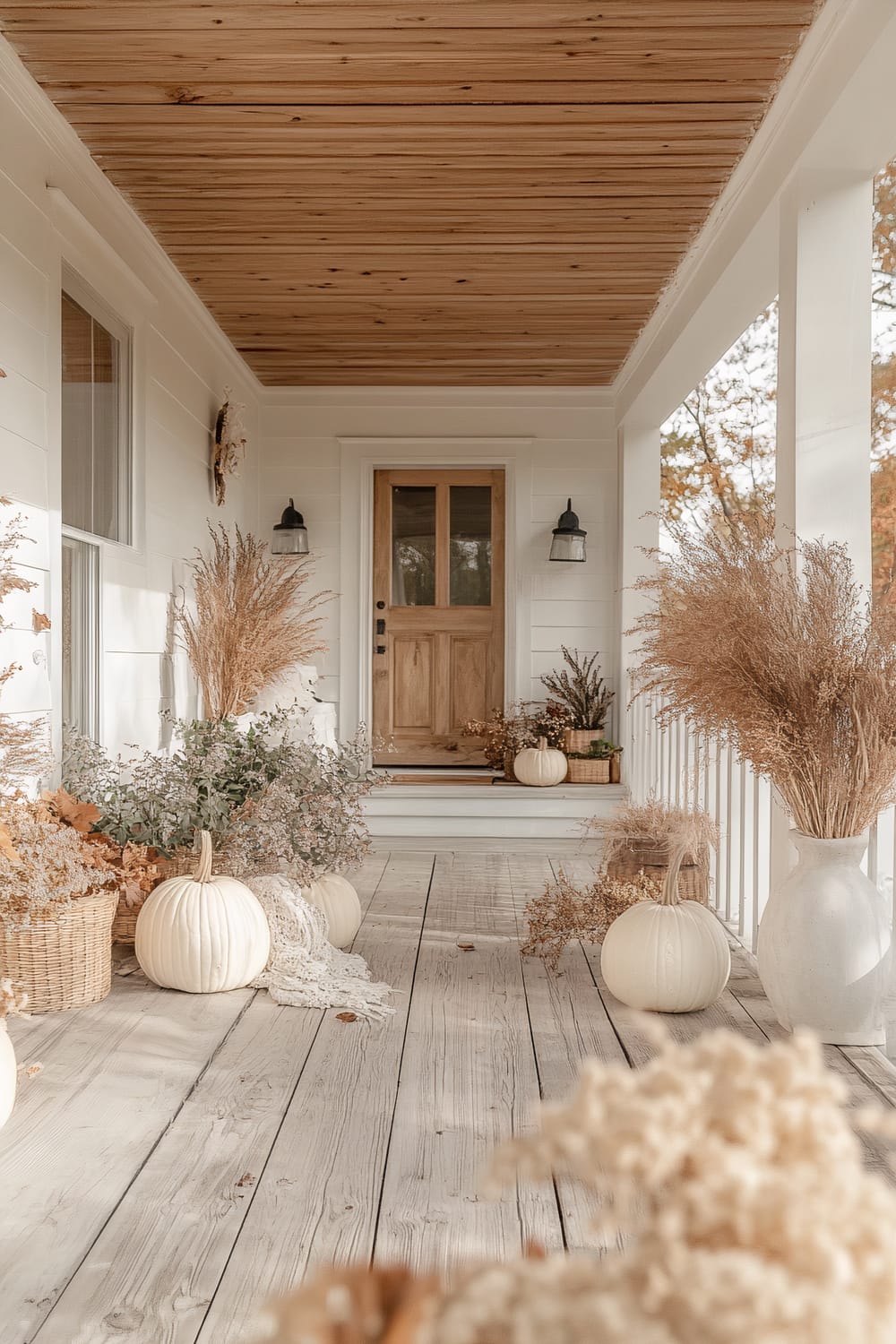 A charming, rustic porch features a light wooden door at the far end, set within white-paneled walls. The ceiling is clad in warm, natural wood, imparting a cozy feel. The porch is adorned with autumnal decorations including white pumpkins, baskets of dried lavender, and pampas grass in vases. Two black lantern-style wall sconces flank the door. The weathered wooden floorboards and railings add to the rustic ambiance. A glimpse of fall foliage is visible through the columns, enhancing the seasonal theme.