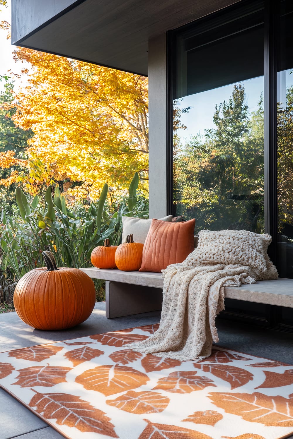 A well-decorated outdoor seating area showcasing autumn aesthetics. The bench is adorned with an orange pumpkin, a cozy beige knitted throw, and multiple pillows in shades of orange and cream. The floor has an orange and white leaf-patterned rug, with additional pumpkins of varying sizes around the seating area. Surrounding the space are lush green plants, and in the background, trees with golden autumn foliage.