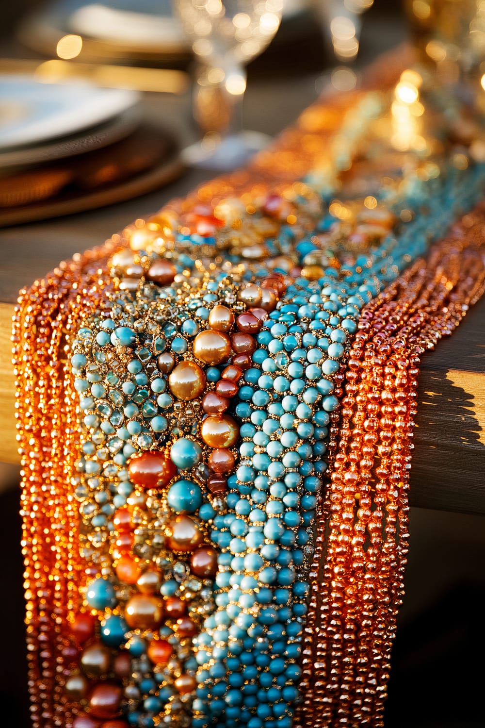 A luxurious table runner made of intricately arranged beads in shades of turquoise, coral, and gold is draped over a wooden dining table. The setting sun casts a golden glow over the scene, which is softly blurred in the background.