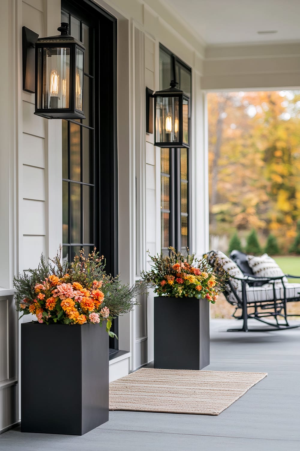 An elegant front porch featuring large black lantern-style wall sconces, modern black window frames, and rectangular black planters filled with vibrant orange and pink flowers, alongside a beige doormat. There is a glimpse of black rocking chairs with white cushions in the background and a view of the garden with trees in autumn colors.