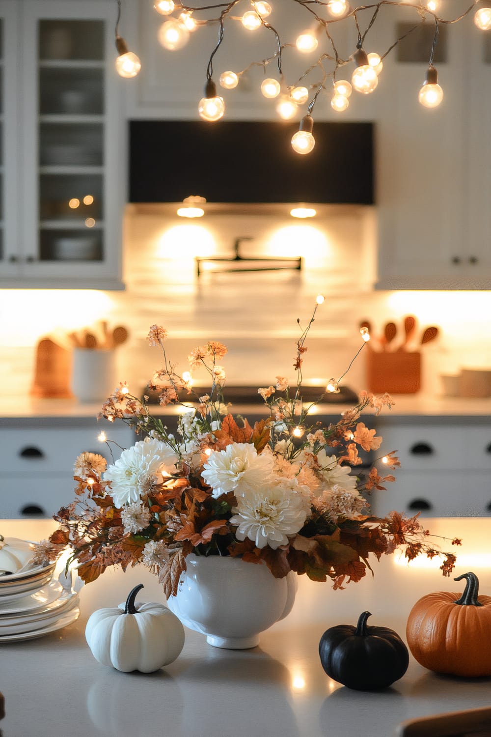 A kitchen island features a white ceramic vase holding a lush autumn floral arrangement with white dahlias and orange leaves, illuminated by fairy lights. Surrounding the vase are small decorative pumpkins in white, black, and orange. In the background, the kitchen cabinets and countertop are visible, along with a set of three hanging pendant lights emitting a warm glow.