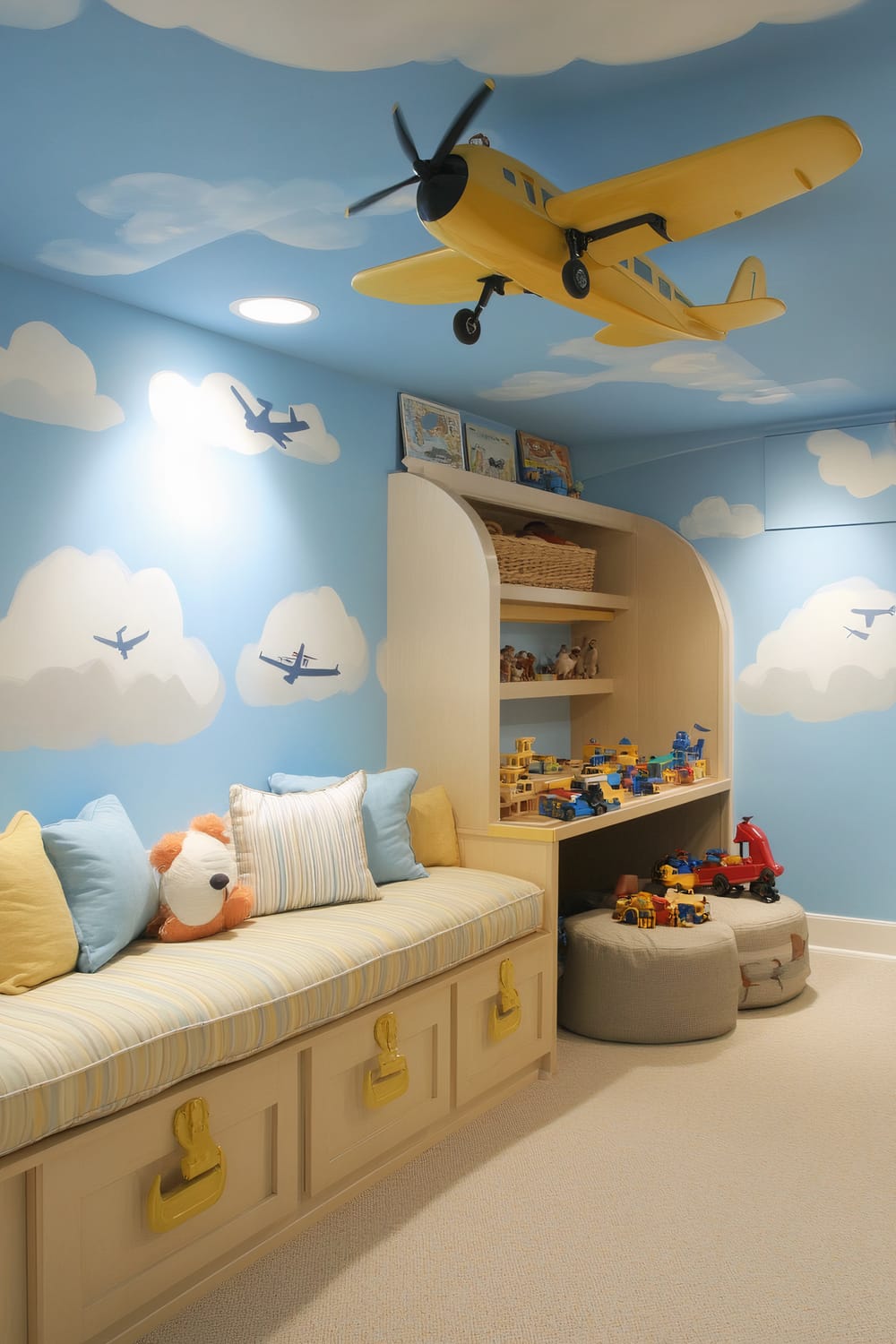 A playroom designed with an aviation theme. The walls and ceiling are painted sky blue with white clouds, featuring painted and model airplanes. A yellow airplane model hangs from the ceiling. Along one wall, a cushioned bench, resembling luggage seating, is placed with various pillows, and beneath it are drawers with yellow handles. Adjacent to the bench, a bookshelf holds several toys, including toy planes and building blocks. On the other side of the toys, soft grey poufs are situated.