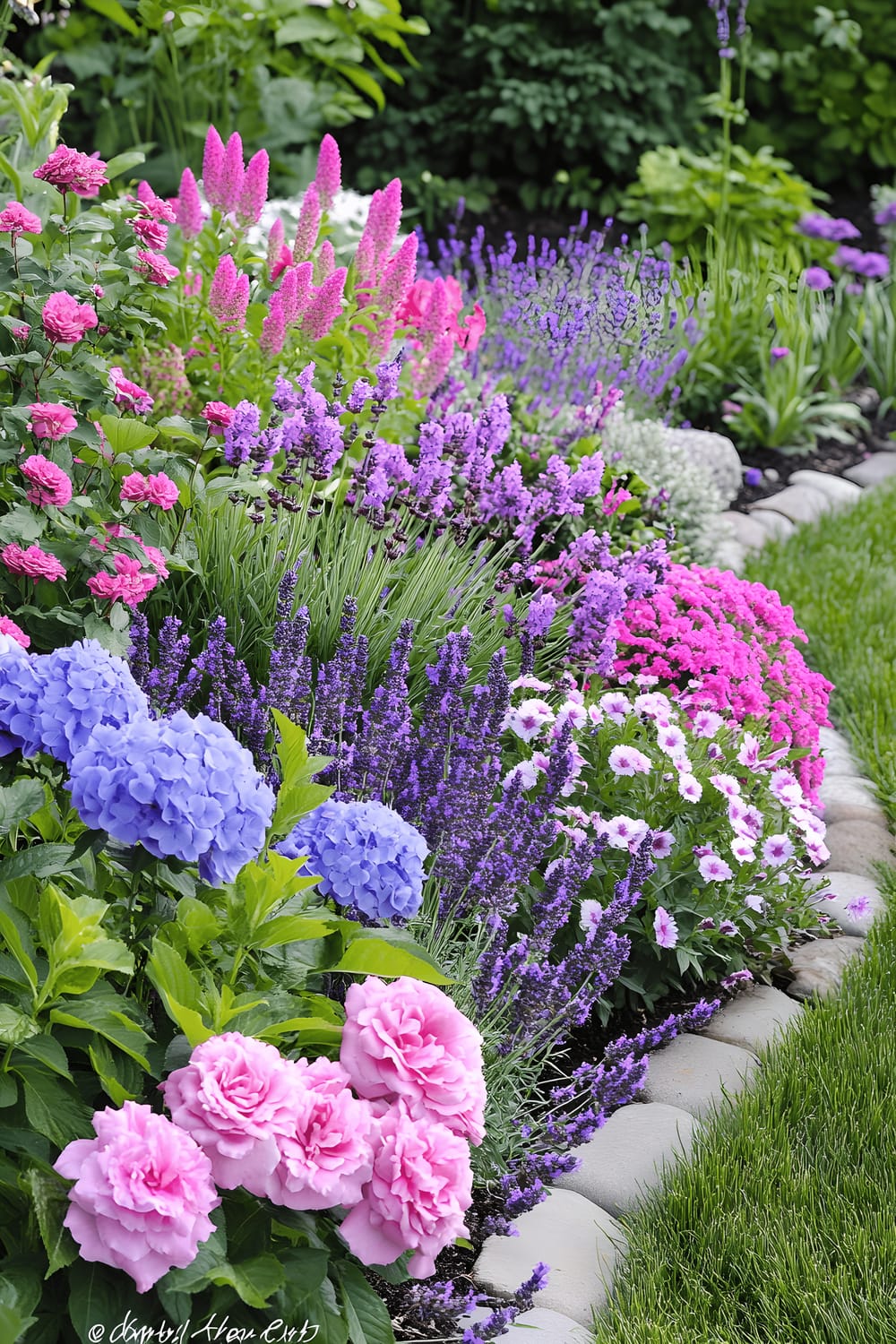 A small backyard garden dynamically designed with mixed borders. It features a variety of plants like lavender, salvia, hydrangeas, roses, and ornamental grasses, arranged methodically for continuous blooms and year-round interest. The border edges are defined by sleek stone, and the garden is illuminated by integrated lighting. Minimalist sculptures and decorative stones add more appeal to the landscape.