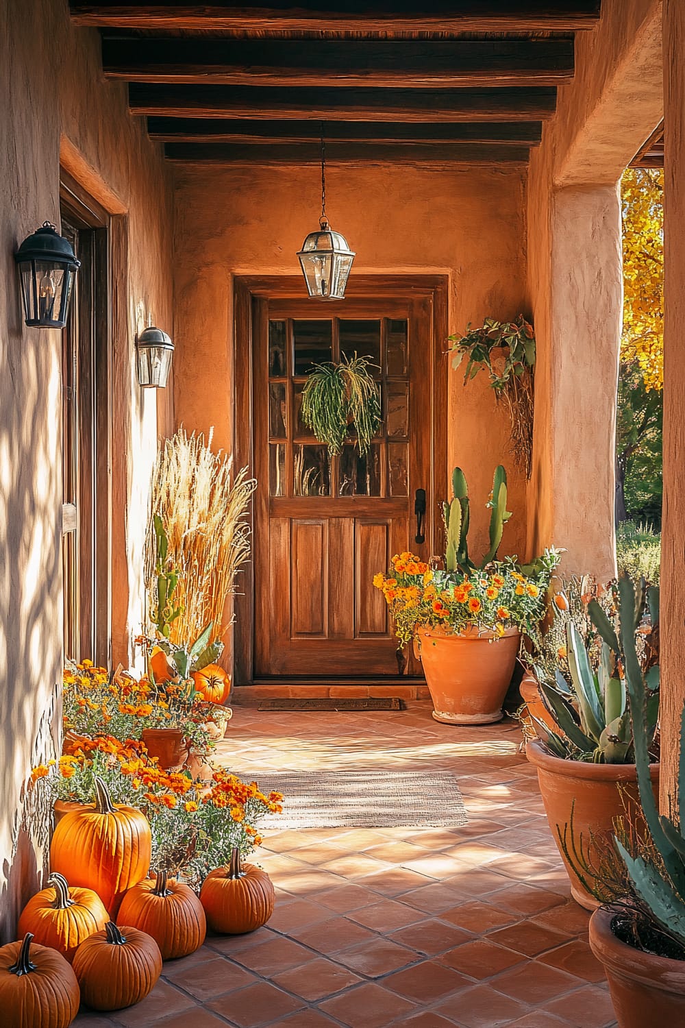 A rustic front porch with a wooden door decorated with a hanging plant. The porch features terracotta tile flooring and numerous potted plants including cacti, marigolds, and several pumpkins arranged around the space. A hanging lantern light fixture is suspended from the wood-beamed ceiling, and two wall-mounted lanterns provide additional lighting.