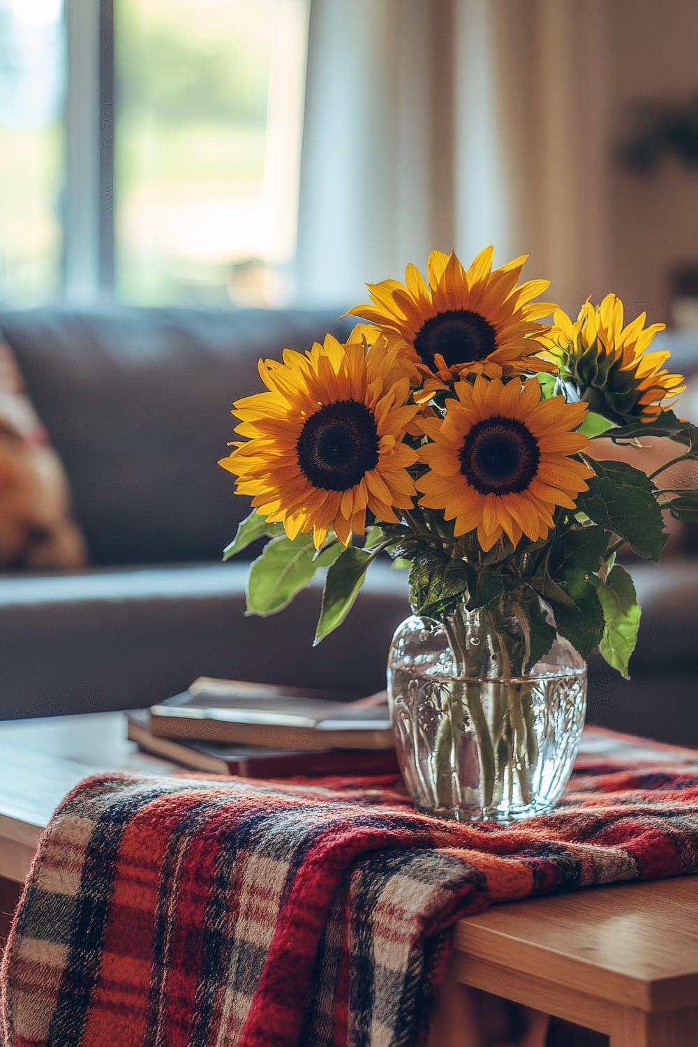 A cozy living room scene featuring a coffee table adorned with a red plaid blanket and a vase of vibrant yellow sunflowers. The room is softly lit, with a blurred background showing part of a sofa and a window allowing natural light to filter in.