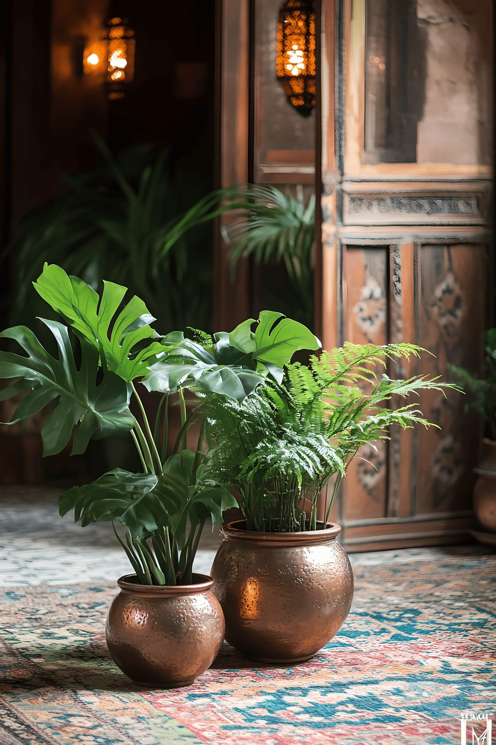 A traditional Marrakech riad with a lush botanical centerpiece consisting of bronze terracotta pots housing vibrant green monstera and ferns, arranged on a vibrant patterned Moroccan rug. Warm lantern lighting casts a soft glow on the foliage, pops of rich bronze tones complementing the emerald greenery, and adding a bohemian touch to the setting.