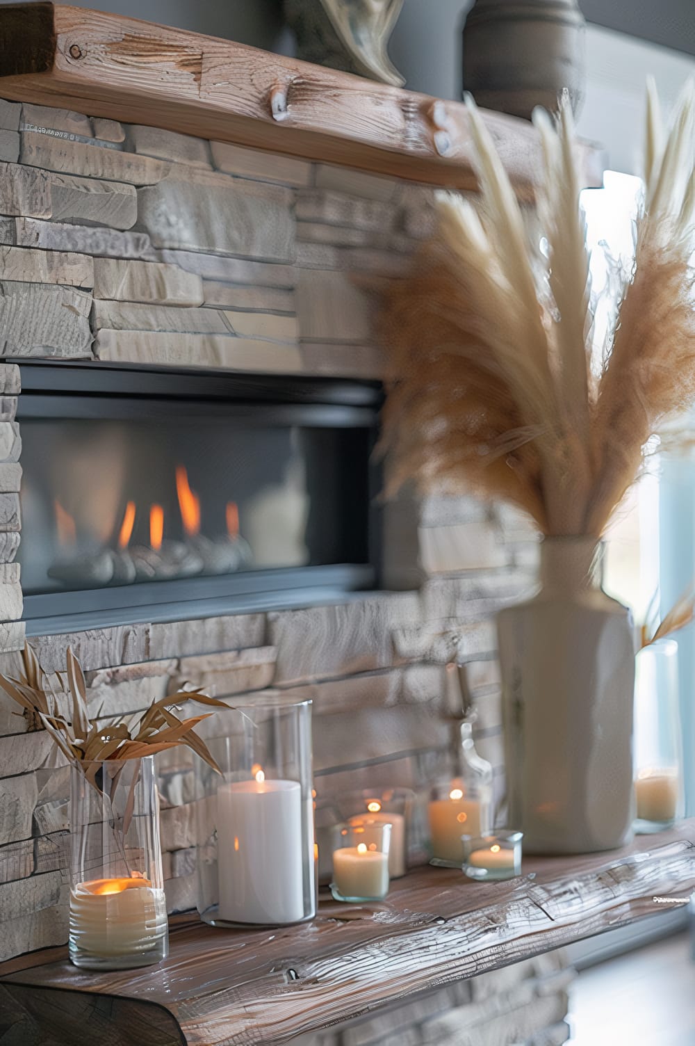 A rustic fireplace adorned with a mix of natural and elegant decor elements. A variety of candles in different sizes, some placed in glass holders, are lit and placed on a wooden mantel. A large vase with pampas grass is also on the mantel, creating a soft, natural aesthetic. The fireplace is built with stacked stone, adding to the rustic charm.