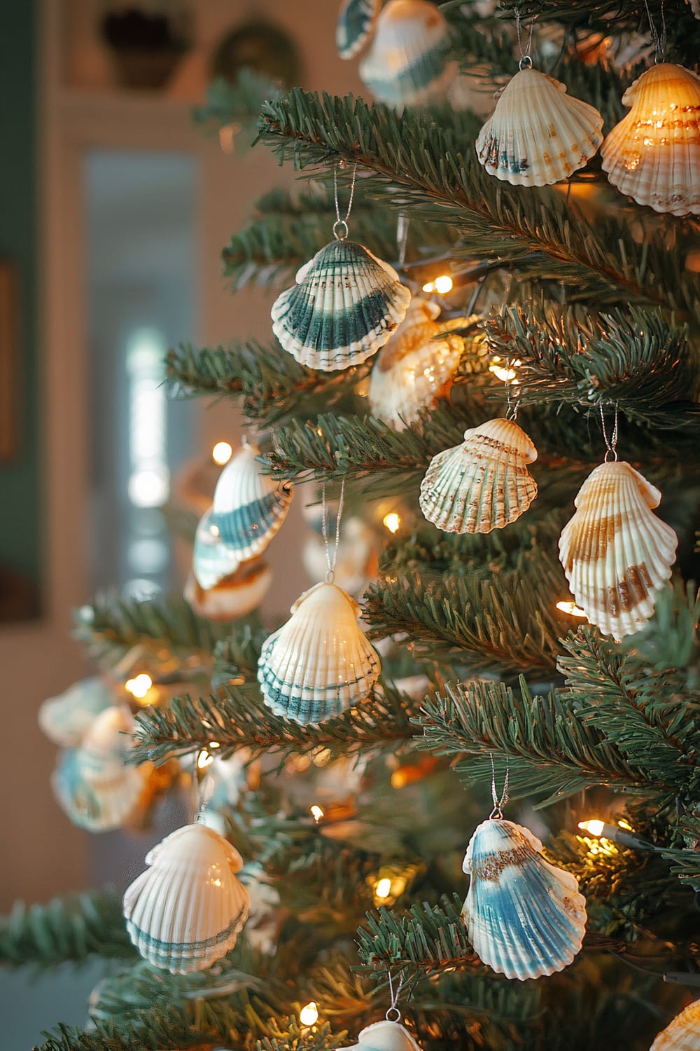 A close-up view of a Christmas tree decorated with seashell ornaments and warm white string lights. The seashells vary in colors, primarily featuring shades of white, blue, and brown. The tree's green branches and needles are visible, providing a natural backdrop for the unique seaside-themed decorations.