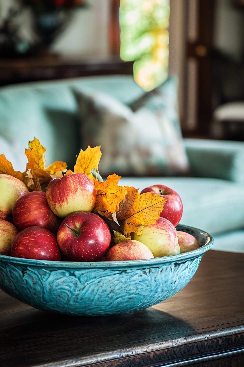 An elegant coffee table with a bright teal ceramic bowl filled with red apples and yellow leaves. The bowl contrasts with the teal color of a couch in the background, which has a blurred appearance.