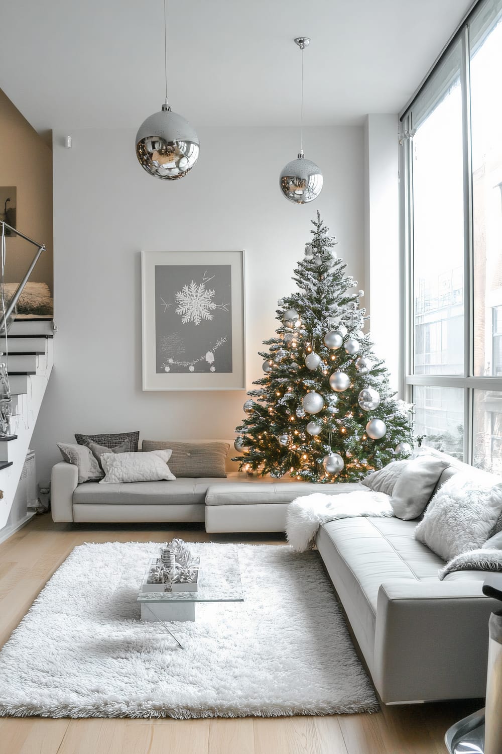 A chic minimalist living room featuring a tall Christmas tree adorned with silver ornaments and glowing yellow lights. The room has two light grey sofas set in an L-shape, with various grey and beige pillows and throws. White shag carpet covers the floor, decorated with a glass coffee table holding silver decorations. Two reflective, metallic pendant lights hang from the ceiling, and large windows on the right flood the space with natural light.