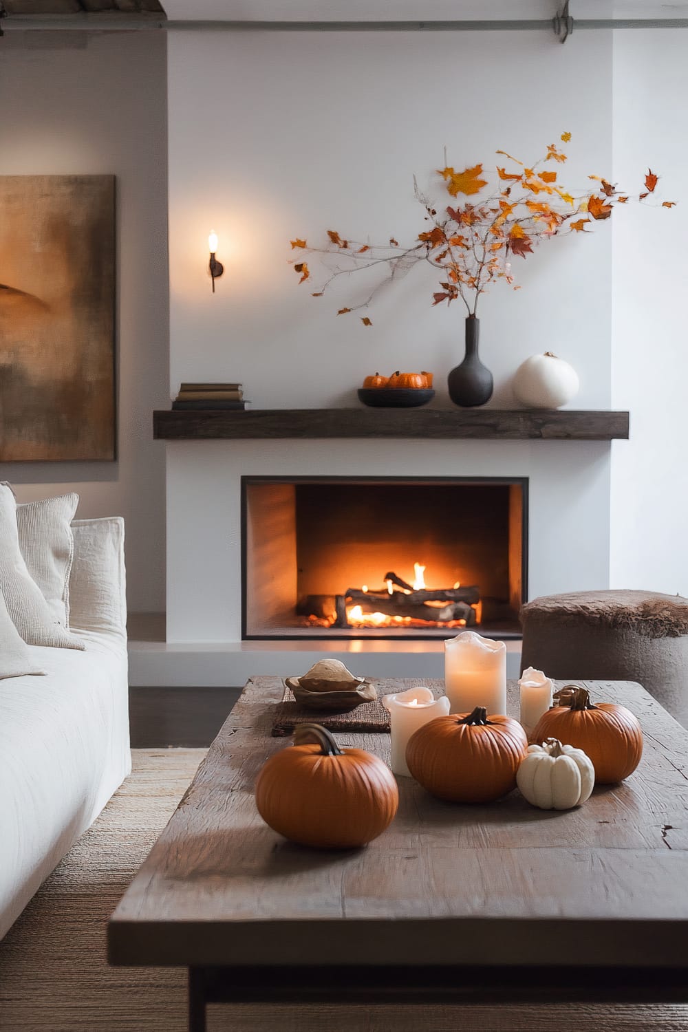 A warmly lit living room showcases a modern, minimalist style. In the background, a fireplace with a roaring fire is flanked by a simple dark wood mantel. On the mantel, there are a few stacked books, a black vase with autumnal branches, a black bowl filled with orange mini-pumpkins, and a white pumpkin. The wall above the mantel features a single, minimalist wall sconce. In the foreground, a large wooden coffee table hosts three small pumpkins of different colors and a variety of lit candles, complementing the autumnal theme. The edge of a soft, cream-colored sofa with textured cushions is partially visible to the left, and a textured ottoman is on the right.