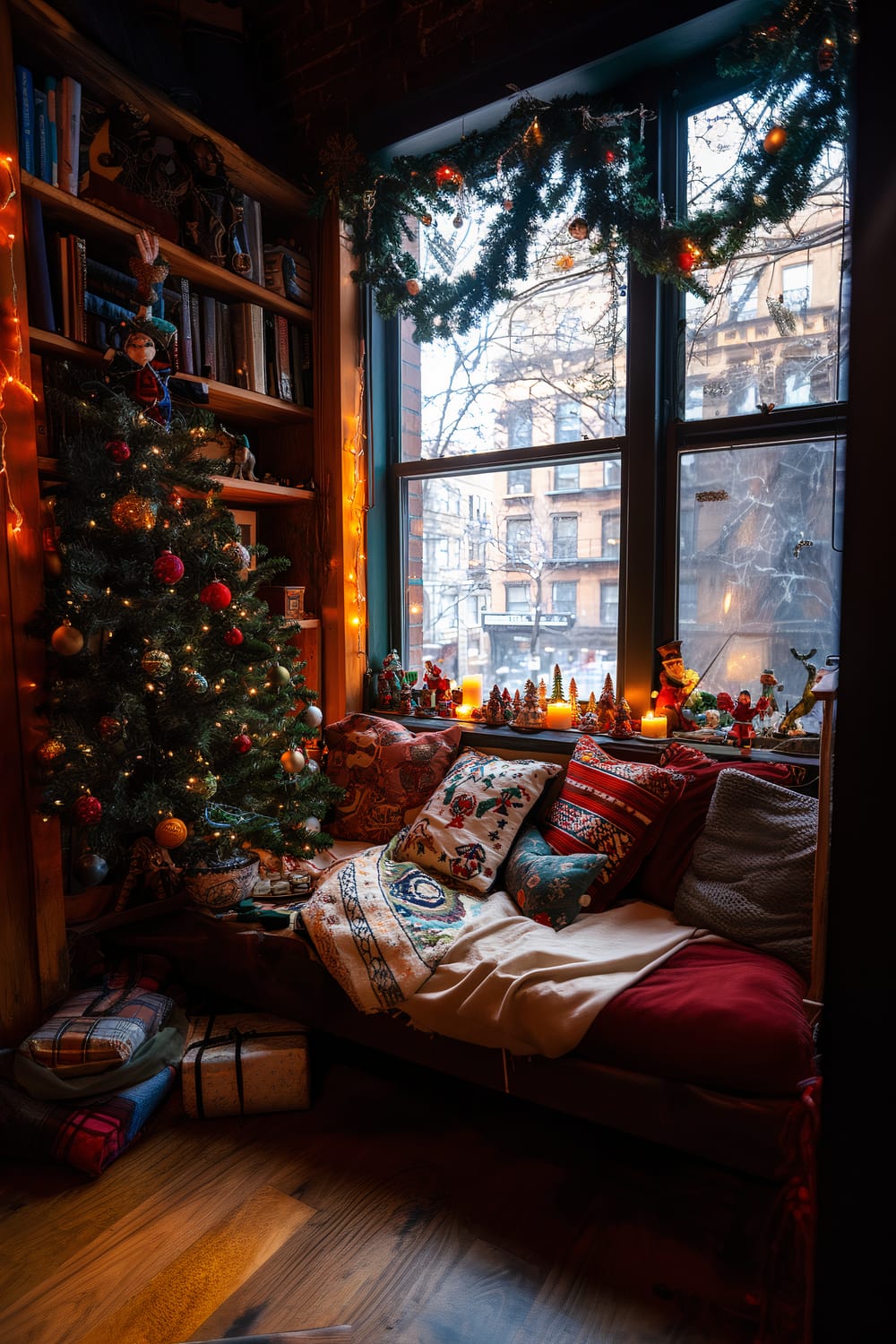 An inviting interior room decorated for the holiday season. A cozy nook is filled with a variety of colorful pillows and blankets positioned next to a window adorned with greenery garland and ornaments. Soft, warm candlelight illuminates the space, and a beautifully decorated Christmas tree stands beside a wooden bookshelf filled with books and knick-knacks. Outside the window, an urban street scene with apartment buildings is partially visible.