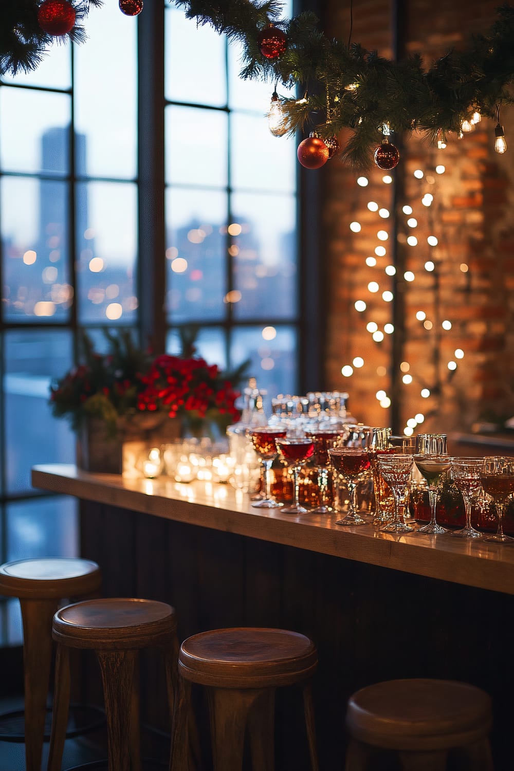 A warmly lit bar area in an urban loft, decorated for the holiday season. The bar counter is adorned with a variety of drinks in glassware, alongside small decorative items and candles. Above the bar, festive garland with red baubles is hung, complemented by exposed brick walls and large windows showcasing a blurred cityscape. Wooden bar stools line the counter, creating an inviting atmosphere.