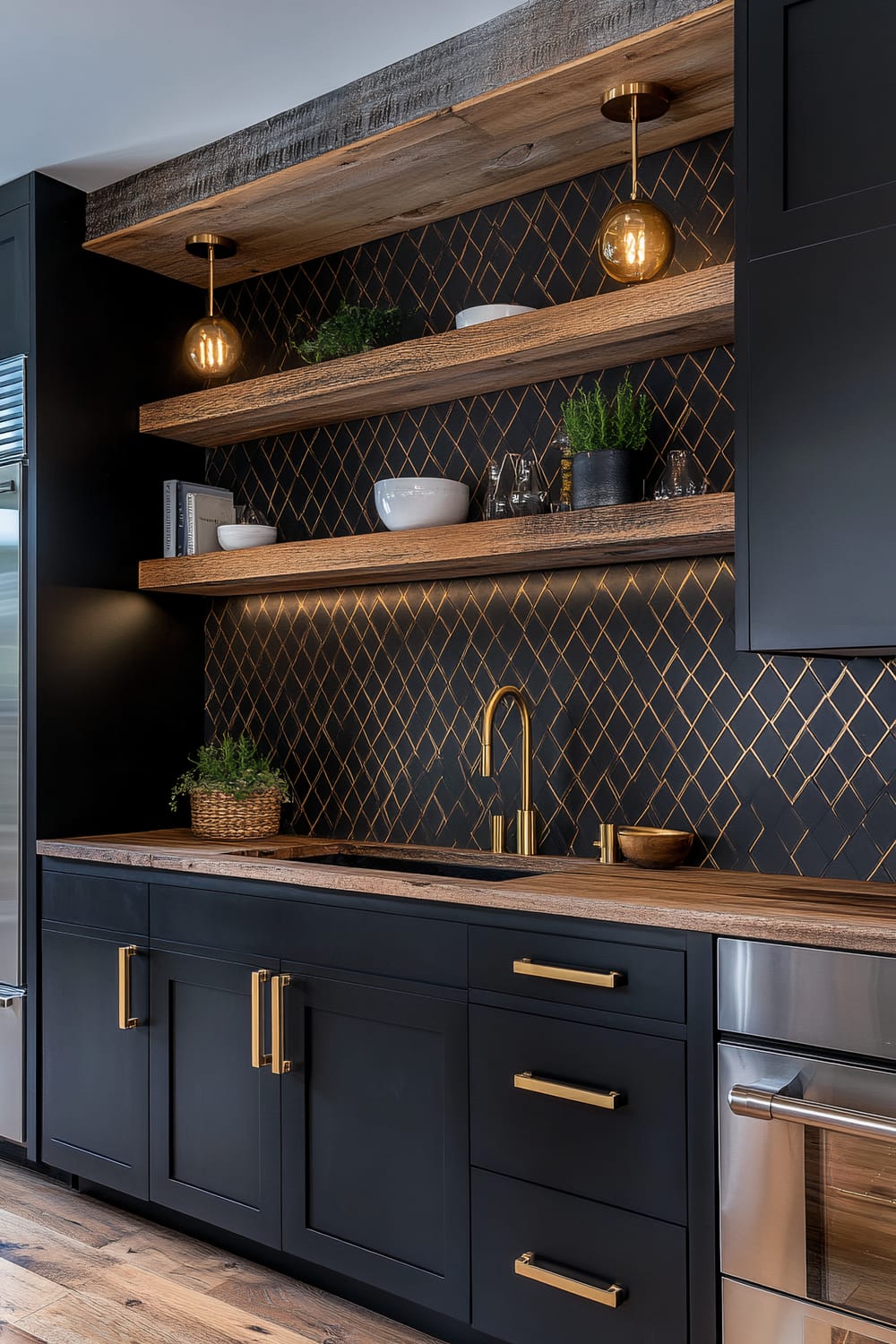 A modern kitchen features black cabinets with brass handles. The backsplash has a black and gold diamond pattern, above which are wooden open shelves adorned with small plants, books, bowls, and glasses. Brass pendant lights hang from the ceiling, adding warm lighting to the space. The sink faucet is also brass, complementing the other metal accents in the room.