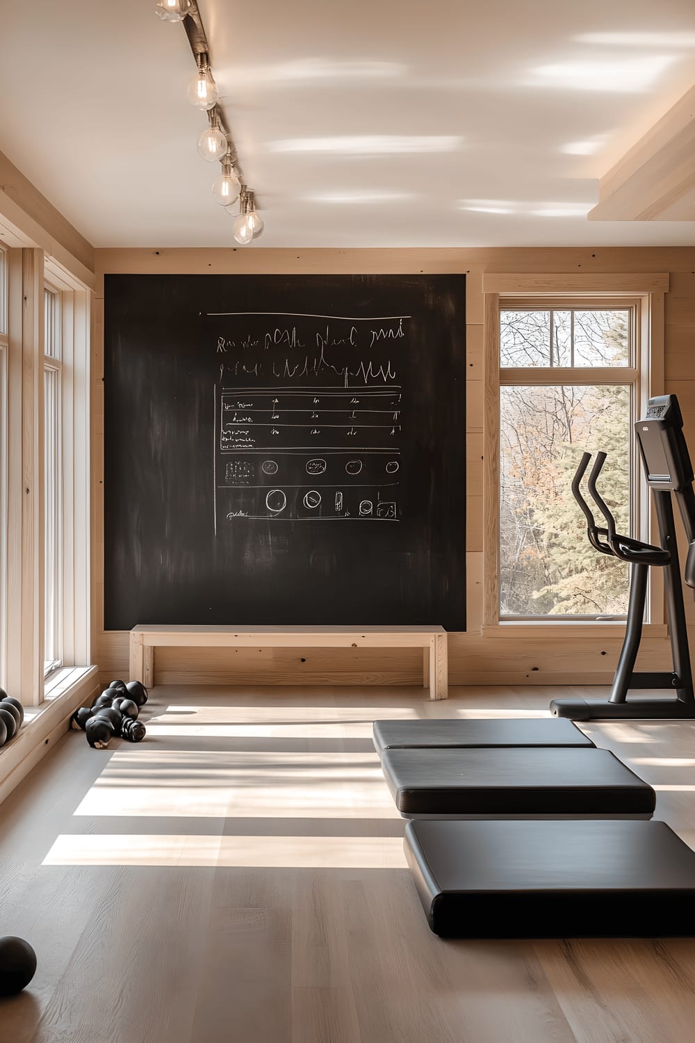 A modern Scandinavian-style home gym with sleek black exercise equipment on light wood flooring. The room is well lit by large windows and soft overhead lighting. A white chalkboard displays weekly workout plans and fitness goals written in black chalk. Minimalist storage solutions are present, providing an organized environment.