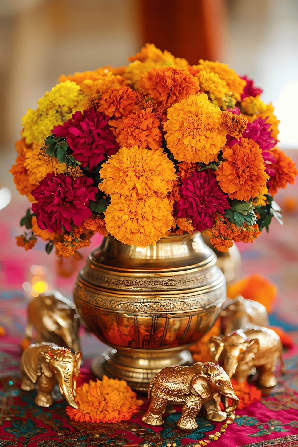 A vibrant Rajasthani-themed centerpiece on a kitchen table featuring an array of lush marigold and jasmine flowers in a traditional brass urn surrounded by intricate mirror details and small ceramic elephants. Complementary decorative accessories such as beads and silk ribbons in bold colors add to the arrangement. The centerpiece sits on a color-rich patterned table runner with tones of deep red, orange, and gold. The scene is warmed by a focused, ambient lighting that emphasizes the vivid colors and culture-rich aesthetics of the display.