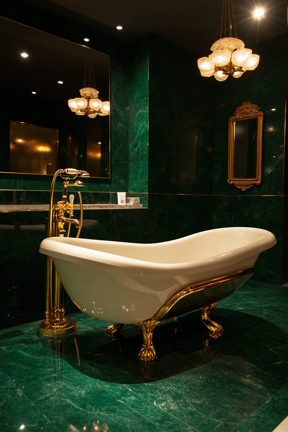 An opulent bathroom with dark green marble wall and floor tiles. A white freestanding bathtub with golden clawfoot legs and golden fixtures stands prominently. A large mirror, framed in gold, reflects the lighting and interior. An ornate, gold-framed mirror is mounted on the wall, and a luxurious chandelier with multiple golden lights hangs from the ceiling.