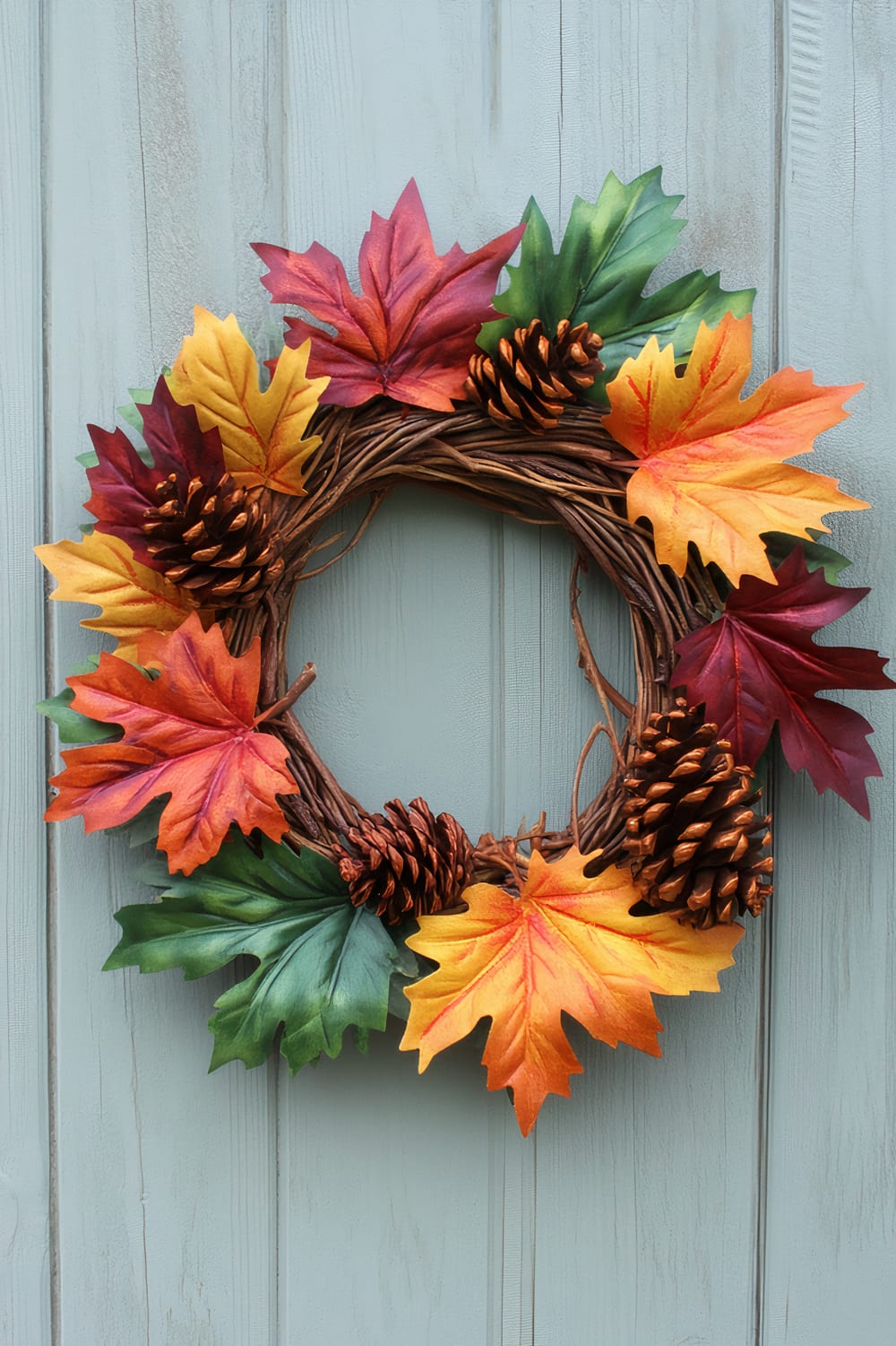 A close-up of an autumn wreath hanging on a light gray wooden door. The wreath is decorated with an assortment of vibrant artificial leaves in shades of red, yellow, orange, and green, interspersed with several pinecones. The base of the wreath is made of intertwined brown twigs, adding a rustic touch.