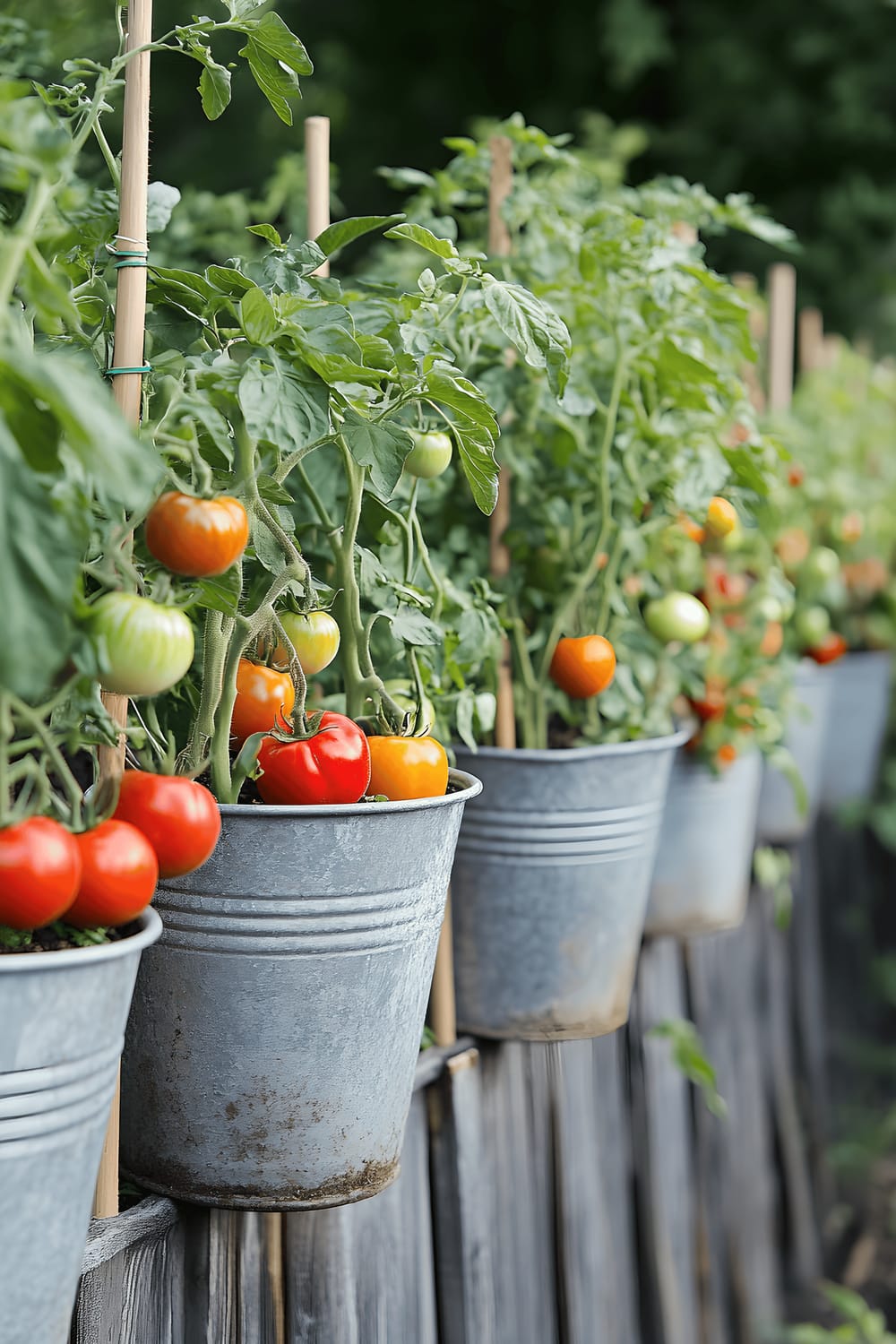 A vertical image showing a series of upcycled buckets filled with various vegetables including heirloom tomatoes, bell peppers, and basil. Each bucket is supported by bamboo stakes and neatly aligned along a beige backyard fence, under a clear blue sky.