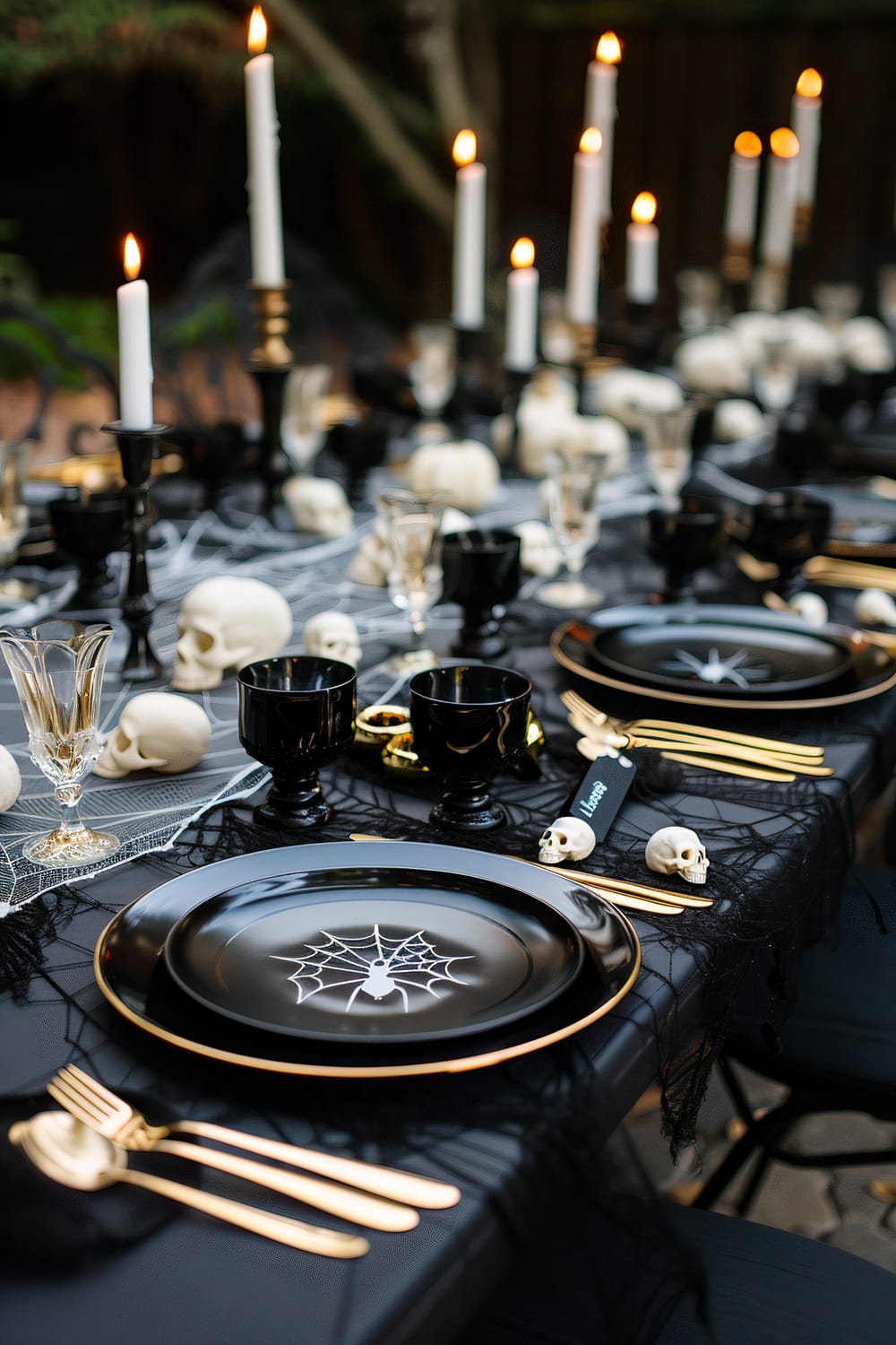 An elaborately decorated dining table set with a Halloween theme. The table features black plates with white spider web designs, black goblets, and gold flatware. The table is draped with black lace and white spider web decorations, accented with small skull ornaments. Tall white candles in dark holders provide ambient lighting.