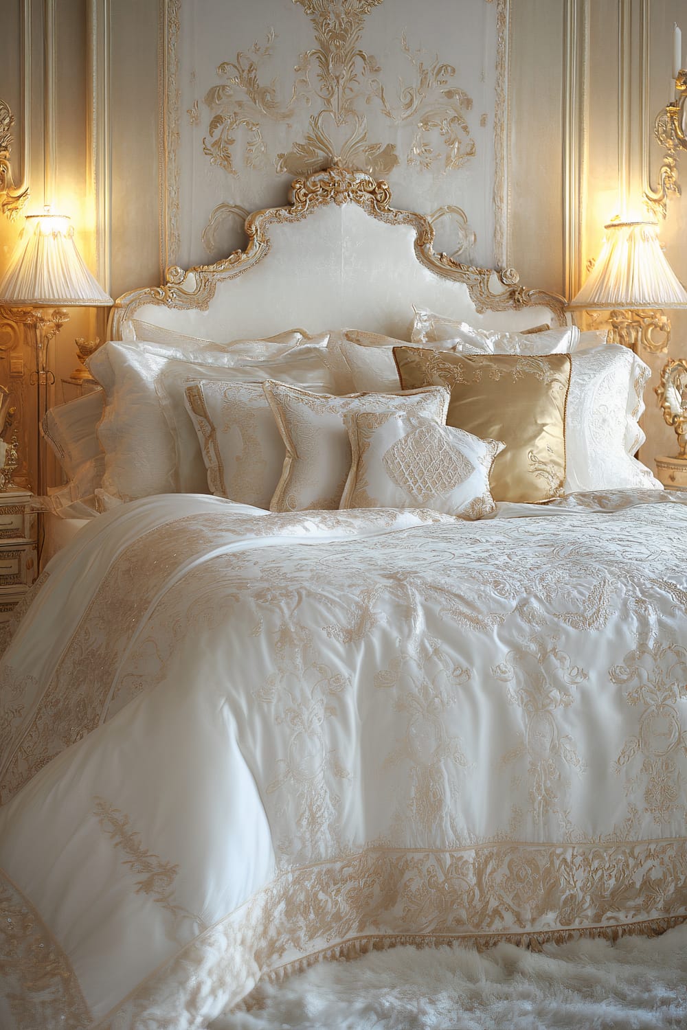 An opulent bedroom features a plush bed with a luxurious white satin bedspread, intricately embroidered with gold accents. The bed is adorned with multiple decorative pillows in white and gold. The backdrop showcases an ornate, carved headboard with gold detailing, complementing the overall design of the room. The space is softly illuminated by elegant bedside lamps with gold bases and white lamp shades, enhancing the sophisticated and regal ambiance of the bedroom.