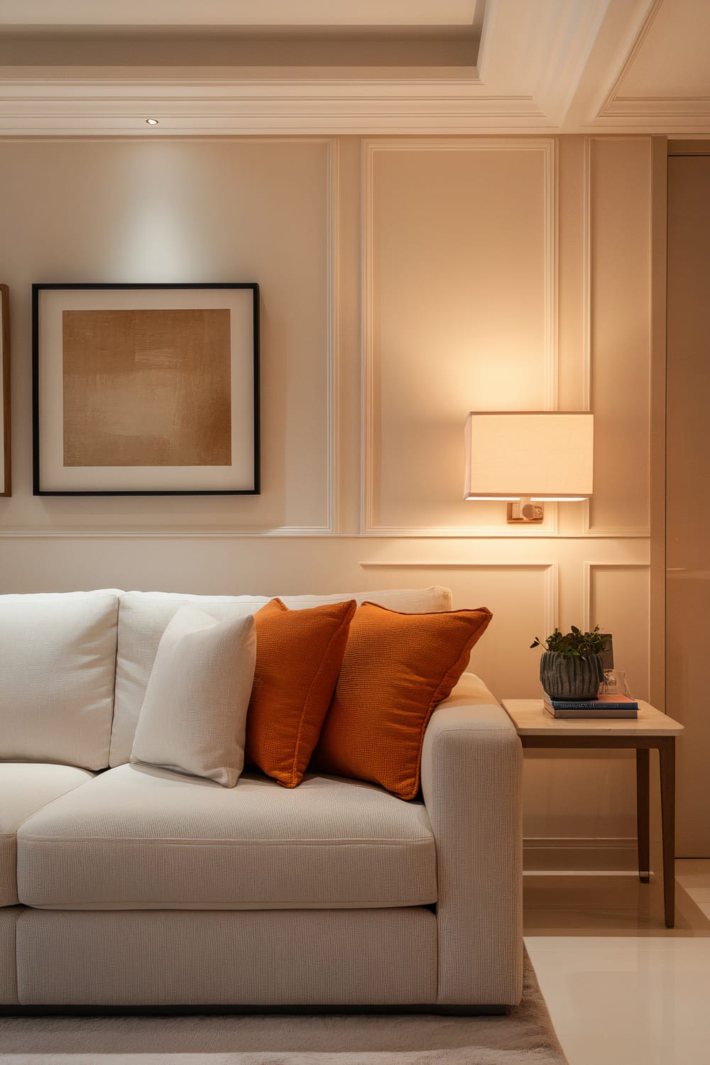 A stylish living room features a minimalist design with a neutral color palette highlighted by two vibrant orange accent pillows on a light beige sofa. A modern table lamp on a side table illuminates the space warmly. The wall, adorned with paneled detailing, has two square framed artworks in subdued tones hung above the sofa. A small potted plant and an assortment of books add subtle decor to the side table.