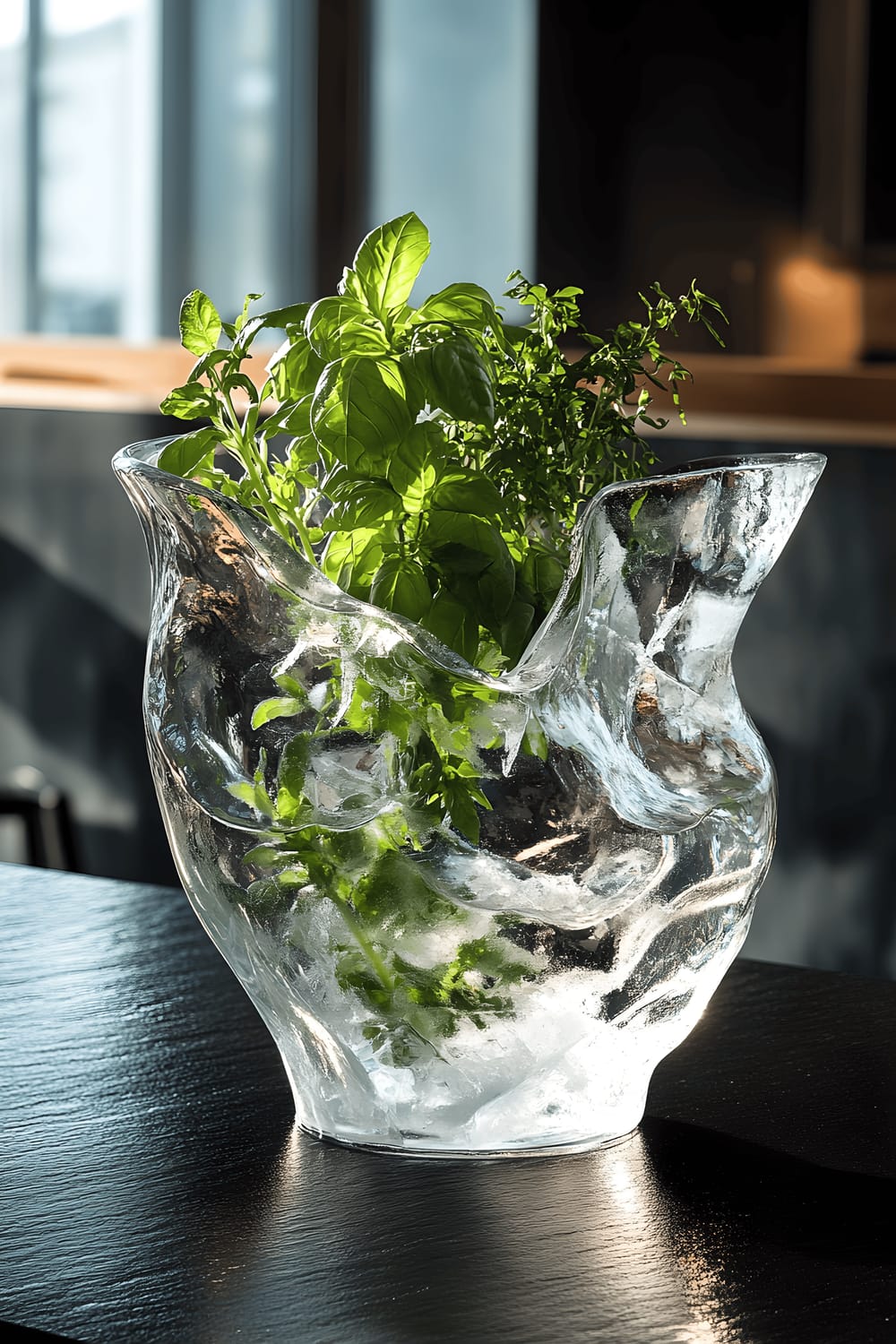 A centerpiece showcasing a semi-transparent ice sculpture in abstract shapes. The sculpture contains live herbs like basil and thyme, and is placed on a black slate table. The lighting brings out the intricacies of the sculpture and casts impressive shadows. The scene is set within a minimalist Nordic decor theme.