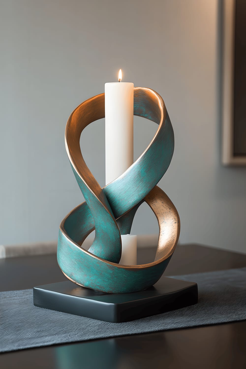 A contemporary dining room scene, focused on a centerpiece on a dark walnut table. The centerpiece consists of a geometric teal and brass sculpture mingled with small white candles. The table features a subtle black runner and the room is painted in muted gray. The ambient lighting accentuates the vibrant teal and reflective brass, contrasting with the minimalist surroundings.