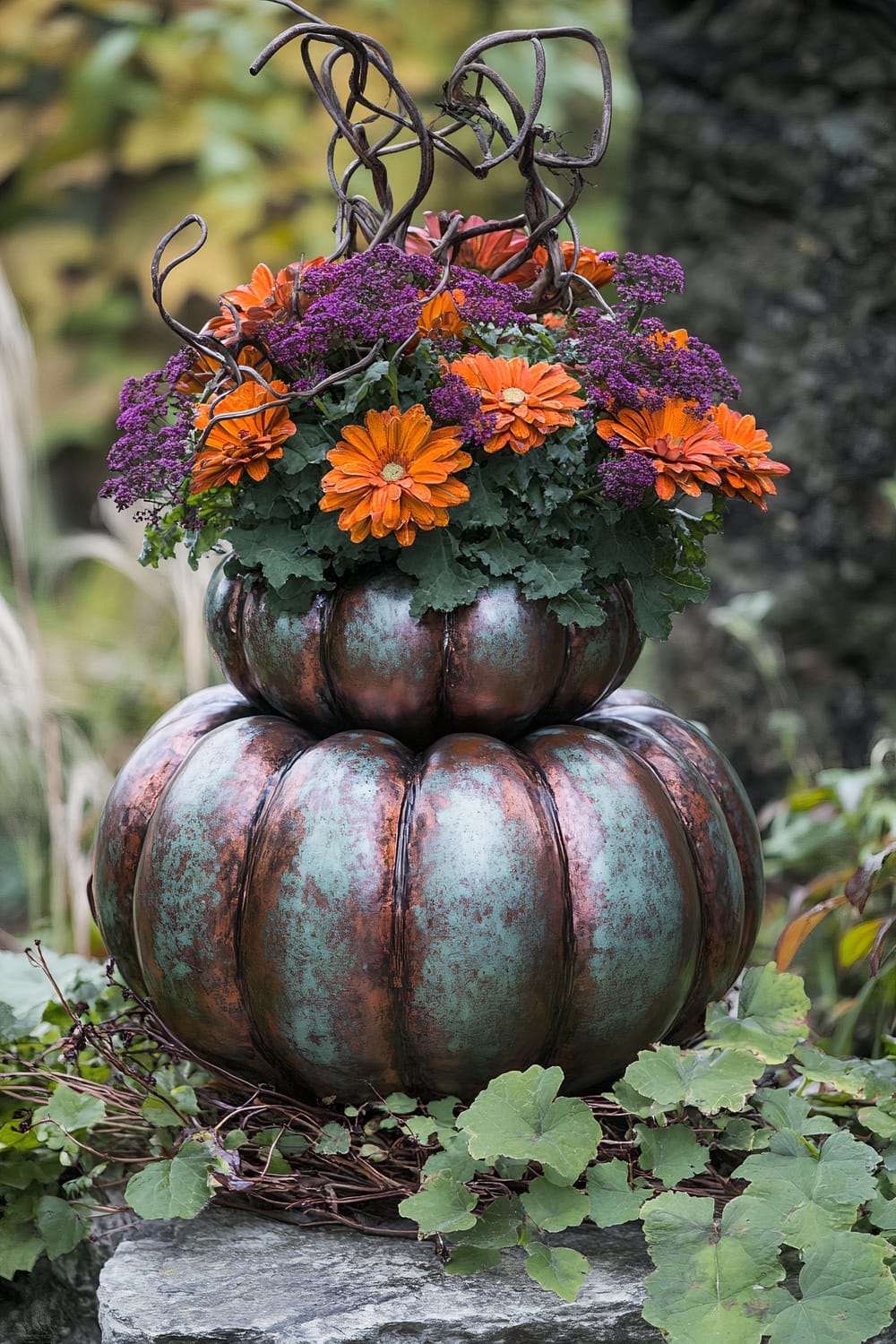 A decorative planter shaped like pumpkins, stacked one on top of the other with patina and copper tones. The planter is filled with vibrant orange and purple flowers and twisted vines. The arrangement is placed on a stone surface with green foliage around it and a blurred natural background.