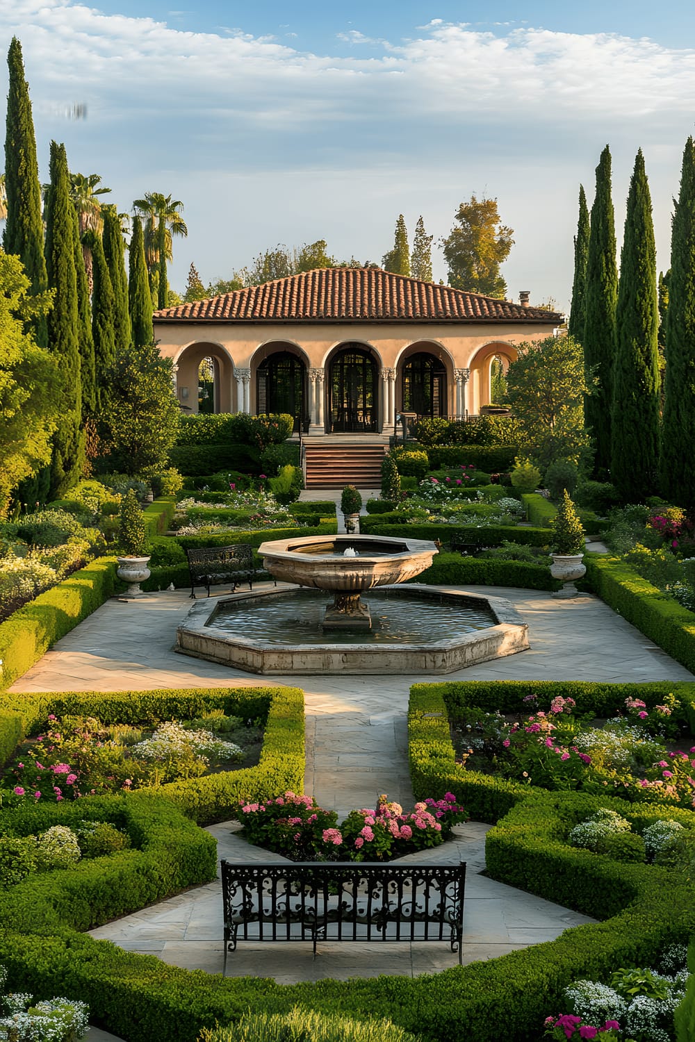 A grand circular stone fountain sits at the center of a meticulously landscaped garden composed of symmetrically arranged floral beds, boxwood hedges and classic wrought-iron benches, under the soft glow of the afternoon light.