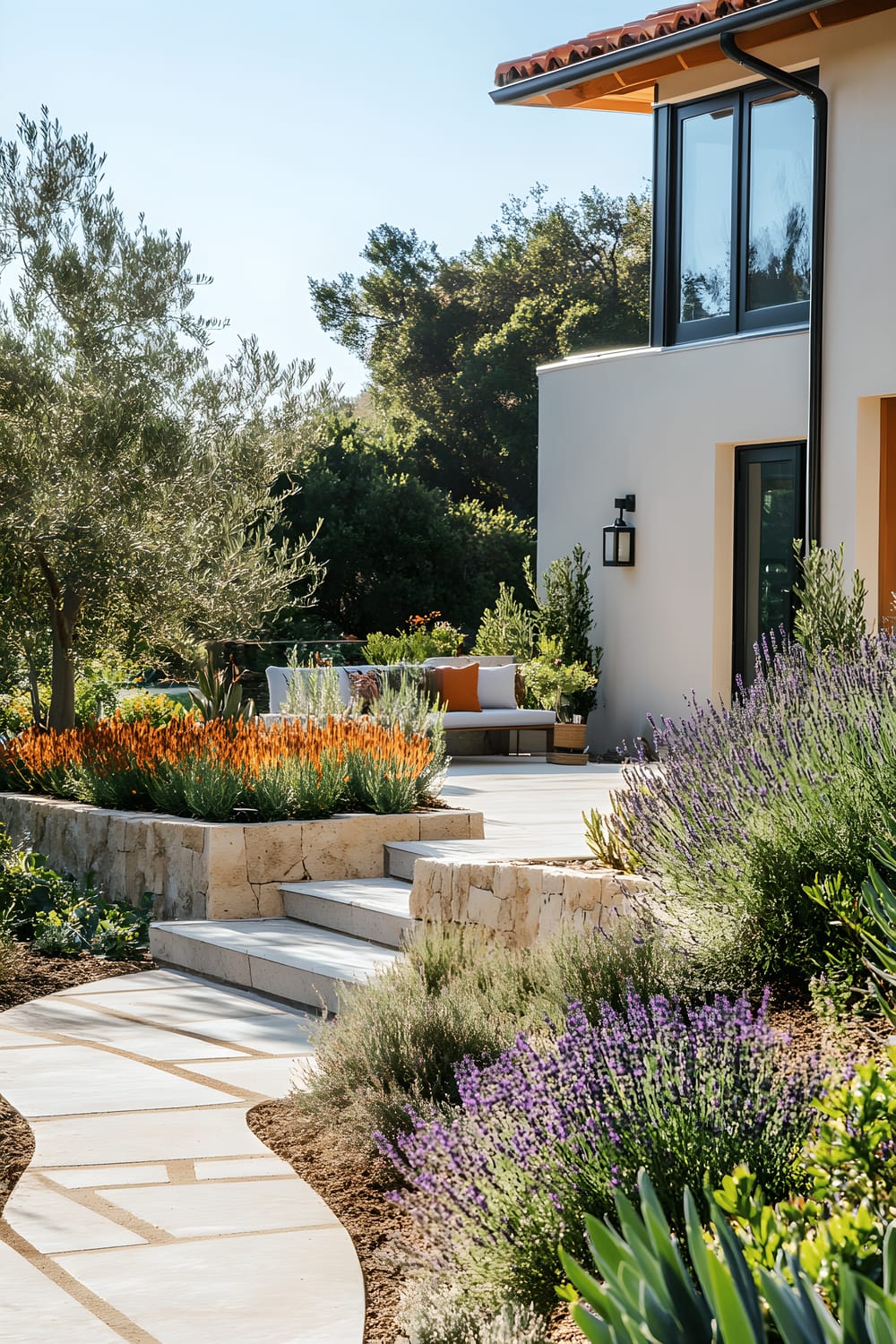 A small modern Mediterranean garden filled with a variety of light and deep green plants, including dwarf olive trees, fragrant lavender, rosemary and colorful bougainvillea. A terracotta path with geometric patterns winds through the garden, leading to a sleek stone bench. Modern outdoor furniture with neutral tones and vibrant cushions is present, paired with integrated solar-powered lanterns illuminating the area. The garden decor is a harmonious blend of clean, simple lines and Mediterranean rustic charm.