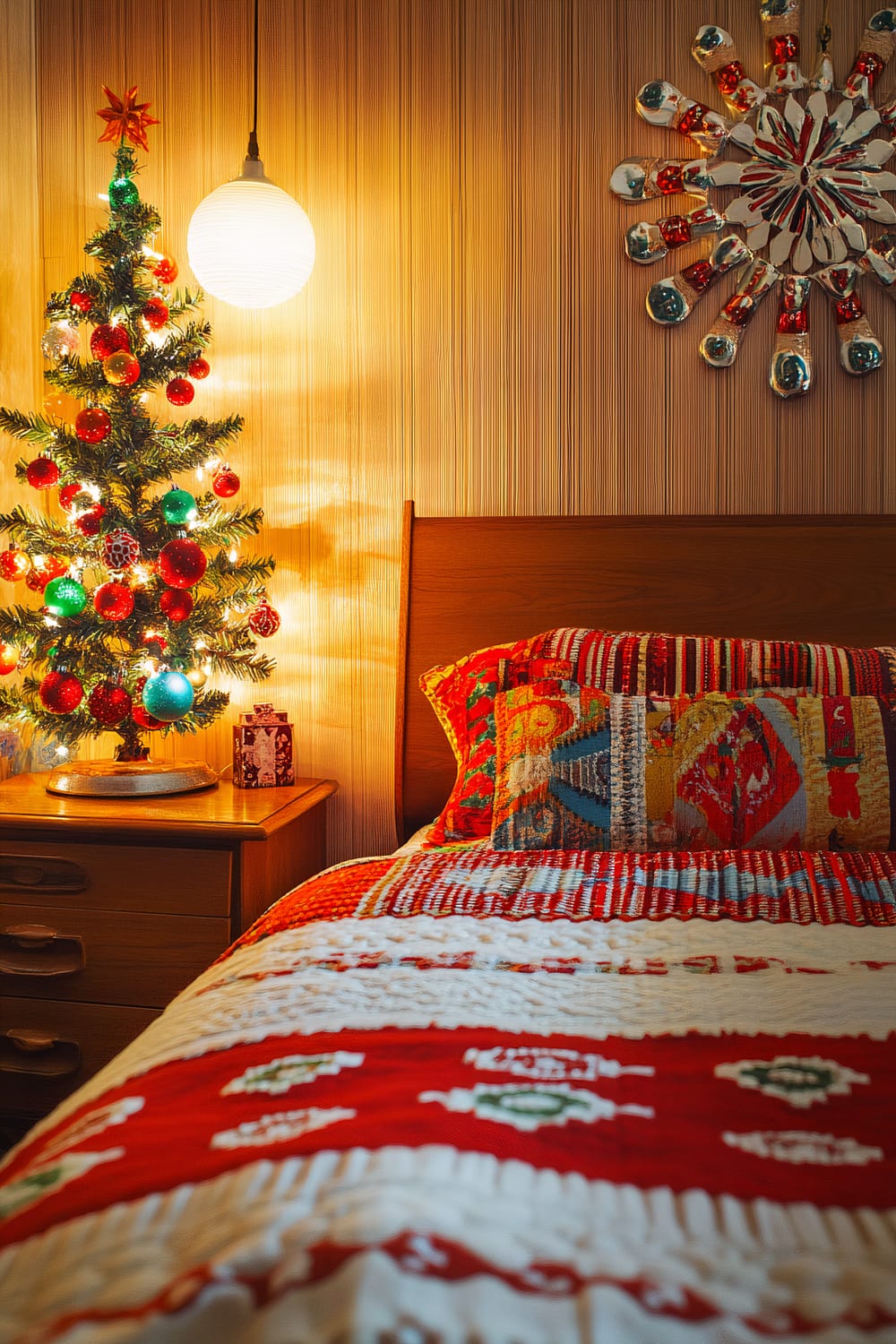 A 1950s retro-themed bedroom featuring a small vintage Christmas tree adorned with bright red and green ornaments, positioned on a wooden nightstand. A soft bedside lamp with a white shade illuminates the scene, casting a warm glow. The bed is dressed in bold-patterned bedding with red and white colors, evoking a nostalgic holiday feel. To the right, a mid-century modern starburst wall decor adds to the retro vibe.