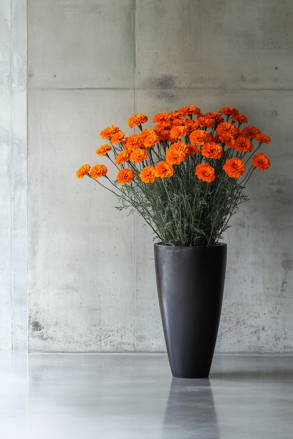 An arrangement of vibrant orange flowers in a tall, cylindrical black vase placed against a raw, unfinished concrete wall. The floor beneath is polished and reflective, enhancing the modern, minimalist aesthetic.