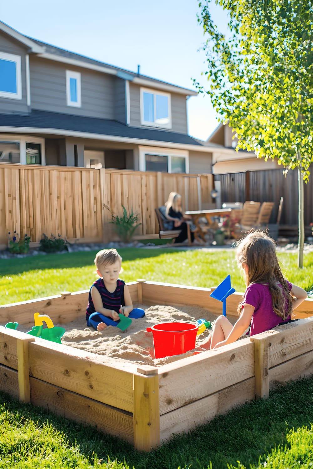 A bright and lively backyard scene featuring two kids playing in a large rectangular wooden sandbox filled with colorful toys, including a red bucket and a blue rake. An adult is seen sitting beside the sandbox, engaging with the children in their play. The sandbox is situated on a well-kept grassy area with a wooden fence, a house, and a patio dining set seen in the background. Decorating the backyard are varied plants and decorative elements, adding to the pleasing aesthetic of the outdoor space.