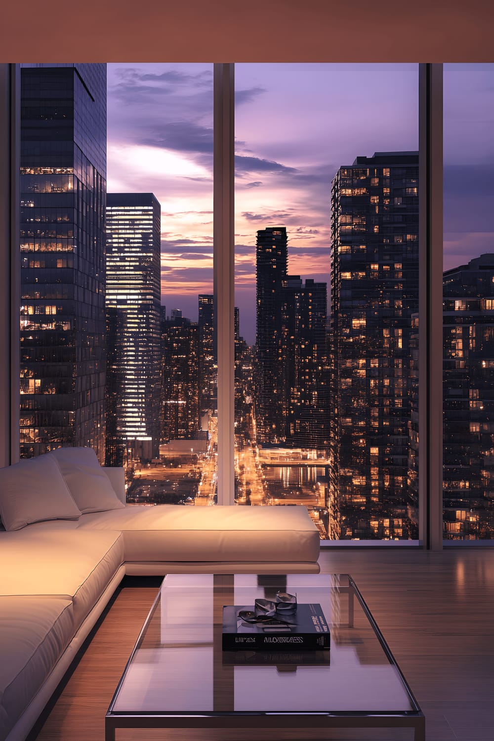 A modern, high-rise apartment interior at dusk featuring a white, minimalistic sofa and a transparent coffee table in the foreground. The apartment offers an expansive floor-to-ceiling window view of a vibrant cityscape filled with illuminated skyscrapers.