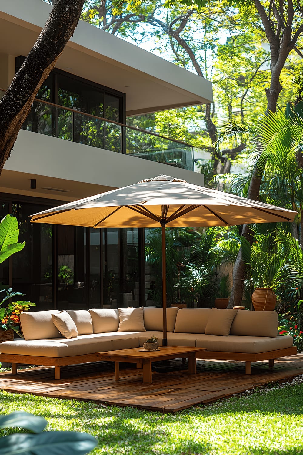 A vivid image of a beautiful tranquil backyard. The scene showcases a cozy L-shaped seating area sheltered by a large umbrella, placed on a verdant grass lawn. A spread of lush, vibrant flowers in decorative pots encircle the space. The modern design of the house and patio in the background completes this inviting outdoor setting.